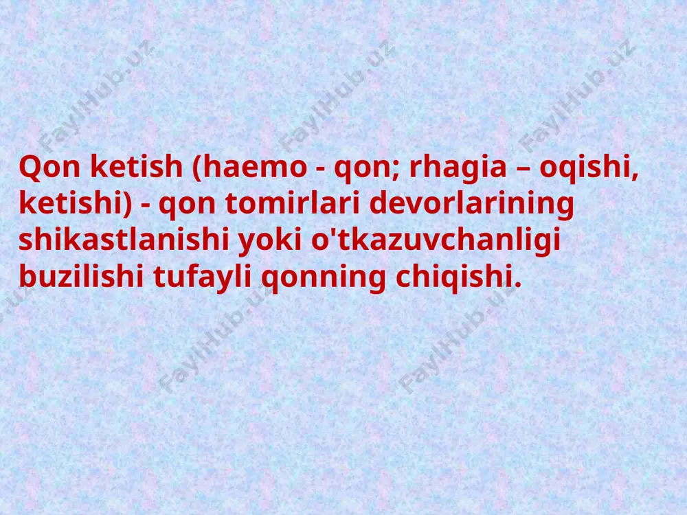 qon yo'qotishning klinikasi va diagnostikasi s u b ‘ e k t i v belgilari (bemorning shikoyatlari): ● zaiflik, ● bosh aylanishi, ● ko'zlarning qorayishi, ko'zlaring oldida jimirlash ", ● quloqda shovqin, ● nafas qisilishi, ● ko'ngil aynishi, ● quruq og'iz. ob'ektiv alomatlar: ● terining rangparligi va namligi, ● tez nafas olish, ● burun qanotlarining shishishi, ● tez-tez va kichik puls, ● qon bosimining pasayishi, ● tomirlarning bo’shab qolishi - "bo'sh tomirlar" alomati (qo'lning orqa tomonida), ● diurezning kamayishi. mahalliy simptomlar gematemezis, melena, qonli axlat, gematomaning mavjudligi tegishli klinikaga ega bo'lgan bo'shliqlarda qon mavjudligi (gemokranion, gemotoraks gemoperikard, gemoperitoneum, gemartroz). qon oqishda og'ir klinik ko’rinishning rivojlanishini aniqlashdagi omillar 1. qon yo'qotish hajmi va tezligi. 2. jins va yosh 3. yurak-qon tomir tizimining holati. 4. umumiy salomatlik holati. diagnostika. 1. klinik belgilari 2. maxsus tadqiqotlar / punktsiyon diagnostika, endoskopiya, angiografiya, ultratovush, kt, mrt/ 3. laboratoriya tadqiqotlari /eritrotsitlar soni n-4-5x10/12/l, gemoglobin n-125-160 g/l, …
