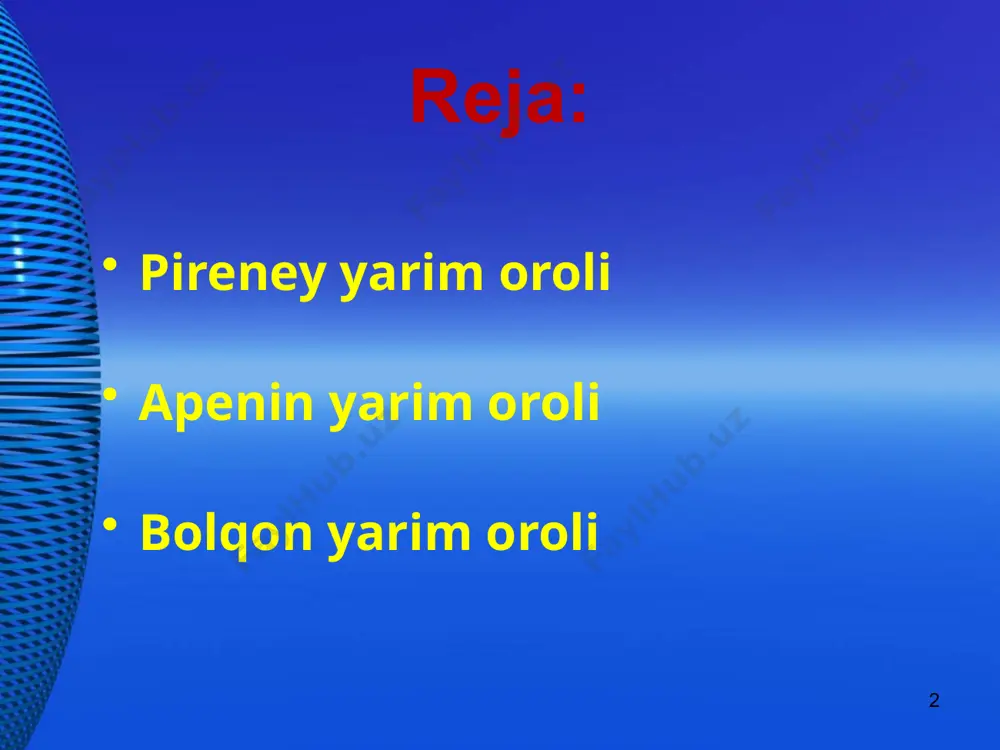 ydim-chuqur, tik va ko‘p joylarda jarlikdan iborat. 9 apennin yarim orolio.ni boshdan-oyoq apennin tog‘lari egallagan. tirren den-gizi sohili yaqinida vulkan (vezuviy, flegrey va boshqalar) ko‘p. sohil kambar pastte-kisliklardan iborat. apennin yarim orolio. yevropaning subtropik mintaqasiga kiradi. iqlimi iliq, yozi uzoq, issiq va quruq; o‘rta den-giz buyiga xos doim yashil o‘simliklar o‘sadi. tekislik va tog‘ oldi qismlarini madaniy landshaft tashkil etadi. apennin yarim orolio.da italiya (hududini 73 qismi), vatikan, san-marino davlatlari joy-lashgan. 10 apennin yarim oroli koinotdan ko’rinishi 11 12 bolqon yarim oroli bolqon yarim oroli — jan. yevropadagi yarim orol. maydoni 505 ming km². bolqon yarim orolio.ning materikdagi shartli chegarasi dunay va sava daryolaridan oʻtadi. kichik osiyo ya.o.dan marmar dengizi, bosfor va dardanel boʻgʻozlari orqali ajralib turadi. gʻarbdan sharqqa (45° shahrik. boʻylab) 1260 km, shim.dan jan.ga 950 km ga choʻzilgan. bolqon yarim orolio.ni qora dengiz, oʻrta dengiz, marmar, egey, ioni va adriatika dengizlari oʻrab turadi. qirgʻoqlari juda parchalangan, yarim orol …