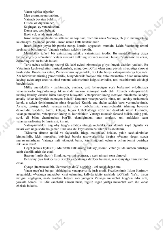 n respublikasi oliy majlisining birinchi sessiyasi bo‘lib o‘tdi. prezident islom karimov 2000 – yil 25 – may kuni ikkinchi chaqiriq o‘zbekiston respublikasi oliy majlisi ikkinchi sessiyasida ikki palatali parlament tuzish g‘oyasini ilgari surdi. 2001 – yil 6 – 7 – dekabr kunlari bo‘lib o‘tgan ikkinchi chaqiriq o‘zbekiston respublikasi oliy majlisining yettinchi sessiyasida ikki palatali parlament tuzish masalasi muhokama qilindi va parlamentni ikki palatali qilib tuzush zarur, degan xulosaga kelindi. ushbu masala yuzasidan 2002 – yil 27 – yanvarda umumxalq reg’erendumi o‘tkazildi. reg’erendumda ishtirok etgan g’uqarolarning 93,65 g’oizi ikki palatali parlamentni yoqlab ovoz berishgan. bundan keyin ham o‘zbekiston respublikasi oliy vakillik organi – parlamentning nomi oliy majlis deb atalishi saqlab qolindi. yuqori palata – senat, quyi palata – qonunchilik palatasi deb atalishi bildirildi. quyi palataga saylov okruglari bo‘yicha ko‘ppartiyaviylik asosida 150 ta deputat saylanadi. senat 100 senatordan iborat bo‘ladi. 2-mavzu: vatanparvarlik, insonparvarlik va uz millatiga sadoqat - shaxs ma’naviyati mezonlari vatanparvarlik …