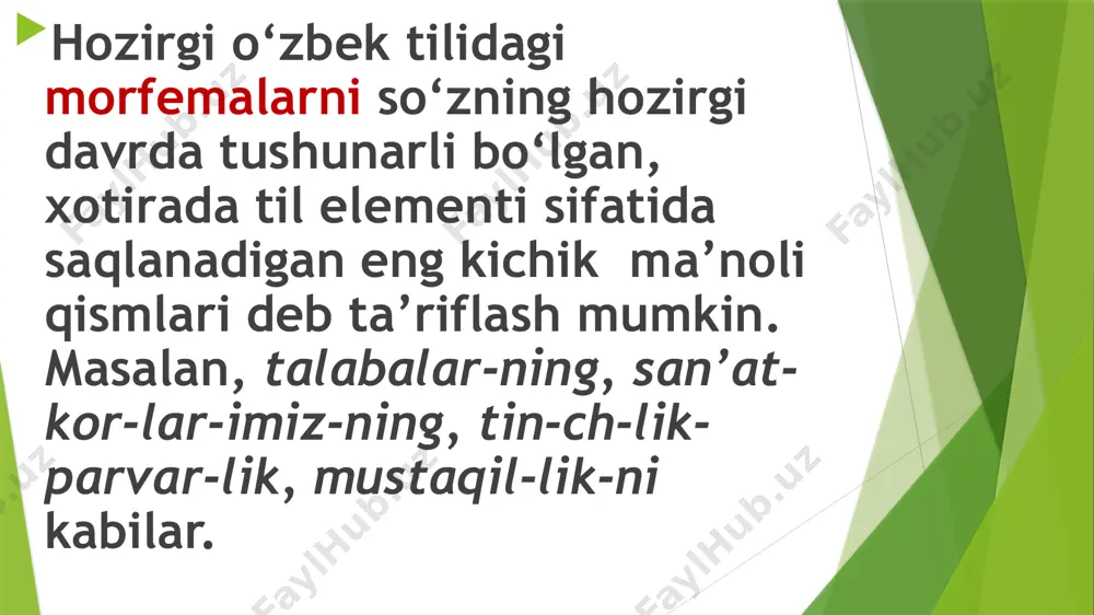 i: 1) kategorial shakl yasovchi qo‘shimchalar; 2) nokategorial shakl yasovchi qo‘shimchalar. kategorial shakl yasovchi qo‘shimchalar so‘zlarning o‘zgarishi bilan bog‘liq bir butun sistemani tashkil qilgan grammatik shakllarni hosil qiladi va ular ma’lum grammatik kategoriyalarga, paradigmalarga birlashadi. jumladan, ot va otlashgan so‘zlarga xos grammatik son, egalik va kelishik shakllarini yasovchi qo‘shimchalar; fe’llarga xos shaxs-son shakllari, zamon shakllari va u bilan bog‘liq mayl shakllarini yasovchi qo‘shimchalar kategorial shakl yasovchi qo‘shimchalarga kiradi. o‘zbek tilida qo‘shimchalar suffiks xarakterida bo‘ladi, ya’ni so‘zda asosdan keyingi o‘rinda turadi: ish-chi, qish-la, kuch-li, maktab-ni, bola-lar, ishla-sin, ishla-t-yap-man kabi. lekin boshqa tillardan kirib, o‘zlashib qolgan so‘zlarda asos oldiga qo‘shiluvchi qo‘shimchalar (prefikslar) ham bor. bular so‘z yasovchilar doirasidagina uchraydi: ser-harakat, no‘-o‘rin, ser-tashvish; ba-quvvat, be-nuqson, be-tashvish; anti-fashist, anti-demokratiya kabi. qo‘shimchalar struktura jihatidan sodda yoki qo‘shma bo‘ladi. masalan, paxtakor, paxtadan so‘zlaridagi –kor va –dan qo‘shimchalari sodda qo‘shimchalardir. demak, sodda qo‘shimcha, hozirgi o‘zbek tili nuqtai nazaridan bir-butun yaxlit holda bo‘ladi. nokategorial shakl yasovchi qo‘shimchalar grammatik …