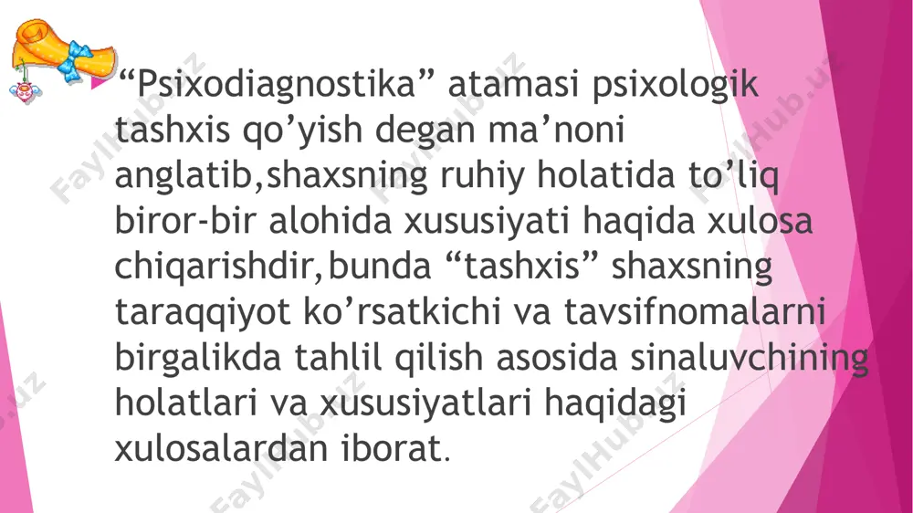 yatli o‘zlashtirib olgani haqida minimal amaliy shartlar, ya'ni kafolat sifatida; psixodiagnostika sohasida o‘z ishini muvaffaqiyatli amalga oshirish uchun psixolog o‘zida mujassamlashtirishi shart bo‘lgan bilim, ko‘nikma va malakalar; psixologning psixodiagnostika sohasida malakali mutaxassis ekanligini hamda amaliy jihatdan tayyorgarligini baholash mezonlarini hamda dasturlarini ishlab chiqish. bu vazifalar majmuasi, ya'ni psixodiagnostika fanining nazariy va amaliy vazifalari bir-biri bilan bog‘liqdir. ushbu sohada etuk mutaxassis bo‘lib etishish uchun, psixolog nazariyani va amaliy psixodiagnostikaning asoslarini yuqori darajada o‘zlashtirib olgan bo‘lishi shart. amaliyotda individ, guruhning psixik taraqqiyot darajasi o‘rganiladi hamda quyidagi vazifalardan biri amalga oshiriladi: biror-bir xususiyatga xos taraqqiyot holatini aniqlash; taraqqiyot dinamikasini va qandaydir vaqt davri mobaynida qayta tarbiyalash imkonini aniqlash; ta'lim-tarbiya natijasida, o‘tkazilgan pedagogik eksperiment natijasida individ guruh xulqi va ruhiyatidagi real o‘zgarishlarni kuzatib borish; shaxs sifatlarining oldingi taraqqiyot dinamikasi va qonuniyatlari tahlili asosida kelajakdagi taraqqiyotini aniqlab olish; sinaluvchi kishilar guruhlarini taraqqiyot darajasi natijasiga asoslanib kelajakdagi ishlar uchun toifalarga ajratish; u yoki bu topshiriqlarni bajara …