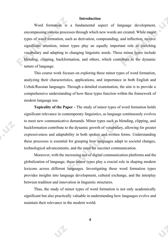 iterature review: reviewing relevant academic and linguistic literature to gather theoretical insights and empirical data on minor word formation processes. practical application: analyzing real-world examples from texts and media to demonstrate how these processes are used in everyday communication. the structure of the paper consists of an introduction, two main chapters, conclusion and the list of used literature. 1.1. definition and overview minor types of word formation refer to processes that contribute to the creation of new words through less common, yet significant, methods compared to major types like derivation and compounding. these include blending, clipping, backformation, conversion, and other processes that enrich a language's vocabulary by adapting existing forms or combining elements in innovative ways. blending involves merging parts of two or more words to create a new term (e.g., smog from smoke + fog). clipping shortens longer words, often retaining the meaning (e.g., telephone → phone). backformation creates …