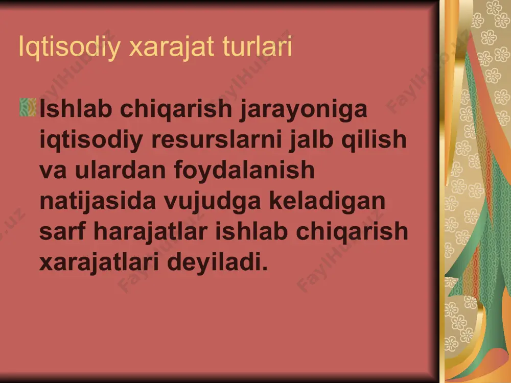 riable cost) – o‘rtacha o‘zgaruvchan xarajatlar; vc – o‘zgaruvchan xarajatlar summasi. shuningdek, o‘rtacha umumiy xarajatlarni o‘rtacha doimiy va o‘rtacha o‘zgaruvchan xarajatlarning yig‘indisi sifatida ham ifodalash mumkin: ac = afc + avc eng yuqori darajada foyda olishga erishish uchun tovar ishlab chiqarishning zarur miqdorini aniqlash zarur. bunda chegaraviy xarajatdan foydalaniladi. chegaraviy xarajat – mahsulotning navbatdagi birligini ishlab chiqarish bilan bog‘liq qo‘shimcha xarajat: bu yerda: mc (marginal cost) – chegaraviy xarajat; ∆tc – umumiy xarajatlarning o‘zgarishi; ∆q – mahsulot miqdorining o‘zgarishi. image1.wmf image2.png image6.png image7.jpeg image8.jpeg image9.jpeg audio1.wav image10.gif image11.png image12.png image13.jpeg image14.png image15.png image16.png image17.png image18.png image3.png image4.png image5.png /docprops/thumbnail.jpeg