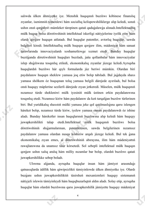 ı óz ishine aladı. bunday háreketler insan huqıqlarınıń buzılıwına alıp keledi hám huqıqıy juwapkershilikti talap etedi.intellektual múlk huqıqınıń buzılıwı bolsa dóretiwshiniń shıǵarmalarınan, patentlerinen, sawda belgilerinen nızamsız paydalanıw yamasa olardan nusqa kóshiriw arqalı júzege keledi. bul tek ǵana ekonomikalıq zıyan emes, al dóretiwshiniń abırayına, ilim hám mádeniyattıń rawajlanıwına da unamsız tásir kórsetedi. sol sebepli intellektual múlk huqıqın qorǵaw ushın xalıq aralıq hám milliy nızamlar bar bolıp, olardıń buzılıwı qatań juwapkershilikke sebep boladı. ulıwma alǵanda, ayrıqsha huqıqlar insan hám jámiyet arasındaǵı qatnasıqlarda ádillik hám qáwipsizlikti támiyinlewde úlken áhmiyetke iye. olardı buzǵanı ushın juwapkershiliktiń tásirsheń mexanizmleri huqıqıy sistemanıń nátiyjeli islewin támiyinleydi hám huqıqbuzarlıqtıń aldın aladı. solay etip, ayrıqsha huqıqlar hám olardıń buzılıwına qarsı juwapkershilik jámiyette huqıqıy mádeniyat hám sociallıq turaqlılıqtı arttırıwǵa xızmet etedi. absolyut huqıqlardı buzǵanlıq ushın juwapkershilik túrleri huqıqıy sistemada áhmiyetli orın tutadı hám bul juwapkershilik túrleri huqıqbuzarlıqtıń awırlıǵı, sociallıq qáwipliligi hám aqıbetlerine qarap parıqlanadı. juwapkershiliktiń tiykarģı túrleri puqaralıq, hákimshilik hám jınayıy …