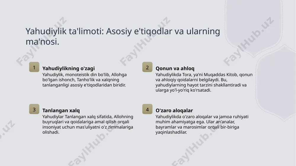 hudiylaridagi an'aviy marosimlar va ularning ildizlari. o'zbek yahudiylaridagi an'anaviy marosimlar, asosan, diniy bayramlar va tug'ilish, to'y va boshqa muhim voqealarni nishonlash bilan bog'liq. ushbu marosimlar, yahudiy an'analari va madaniyatining o'ziga xosligini aks ettiradi. masalan, pesax bayramida nonning qanday tayyorlanishi va uning ramziy ma'nosi o'zbek yahudiylari orasida muhimdir. an'anaviy ovqatlar va musiqalar marosimlarni yanada boyitadi. yahudiy bayramlari: tarixiy kontekst va madaniy ta'siri. yahudiy bayramlari turlari tarixiy kontekst madaniy ta'sir yahudiy bayramlari, pesah, rosh hashanah va yom kipur kabi muhim tadbirlarni o'z ichiga oladi, har biri o'ziga xos ma'no va an'analar bilan ajralib turadi. yahudiy bayramlarining tarixi qariyb uch ming yillik bo'lib, ular qadimgi qabilalar va muqaddas matnlar asosida shakllangan, tarixiy muhim voqealarni yodga oladi. yahudiy bayramlari nafaqat diniy, balki madaniy ahamiyatga ega bo'lib, ular san'at, adabiyot va musiqa kabi sohalarda iz qoldirgan. din va an'ana: yahudiylikda marosimlarning o'zaro aloqasi. 1 din va an'ana yahudiylikda din va an'ana bir-birini to'ldiradi, ruhiy qadriyatlarni …