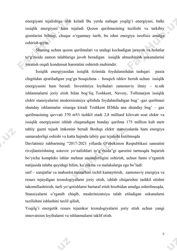 nalari, 2001 yilda ishga tushirilgan sho’rtangaz kimyo majmui, talimarjon issiqlik elektr stantsiyasi, qarshi «termoplast» zavodi va yana ko’plab korxonalarni keltirish mumkin, bu korxonalarning ishga tushirilishi mamlakatning sanoat va qishloq xo’jaligi texnikalariga bo’lgan talabini, energetika mustaqilligini, turli xom ashyo va tayyor maxsulot uchun bo’lgan talabini qondirishga xizmat qilishi shubxasiz. xozirgi davrda mamlakatimizning toshkent, farg’ona va muborak shaxarlarida ishlab turgan issiqlik elektr markazlari, yangi angren, toshkent, navoiy va sirdaryo issiqlik elektr stantsiyalari, qolaversa, barcha viloyatlarning markaziy shaxarlarida va yirik axoli punktlarida aloxida ishlovchi markaziy isitish qozonxonalarida axolini elektr energiyasi va issiqlikka bo’lgan extiyojlari to’la qondirilib kelinmoqda. yana bir misol, 2004 yilning iv – kvartalida ishga tushirilgan talimarjon davlat issiqlik elektr stansiyasining bitta energoblogining uzi 800000 kvt elektr energiyasini ishlab chiqarishi, unda o’rnatiladigan qurilmalarning quvvati benixoya qudratli ekanligi, bu stansiya yordamida axolining issiqlik va issiq suvga bo’lgan extiyojlarini xam qondiriladi. «issiqlik elektr stantsiyalari» kursida ieslarning turlari, tasnifi, ies iste‘molchilarining sutkalik, mavsumiy va yillik …