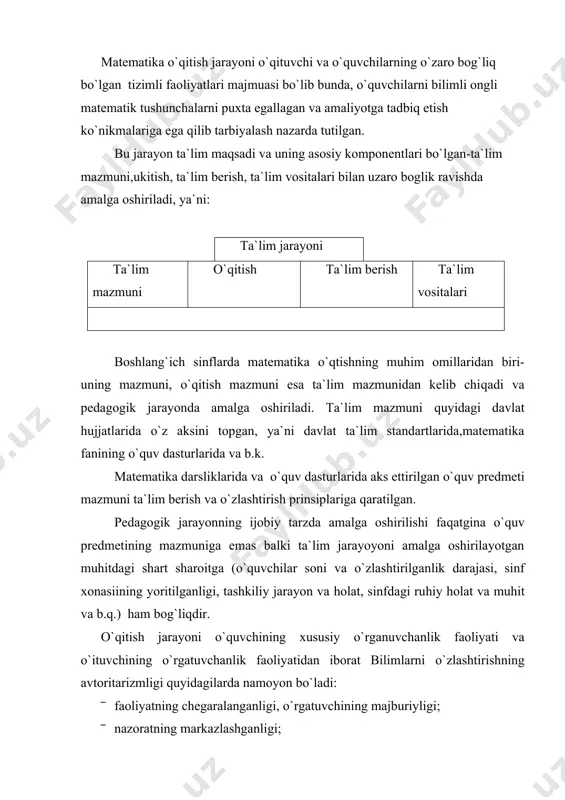 ni o`lchashlar kiritilgan. o`qitish jaraayonini tashkil etuvchi elemntlar o`qitish maqsadi, o`qituvchi faoliyati (o`qitish), o`quvchi faoliyati(o`rganish) va natija xisoblanadi.shuningdek o`qitish jarayoni faoliyatsifatida ham qaraladi. ta`lim didaktikada qo`llaniladigan eng sermazmun tushunchadir. umumiy didaktika darajasida ta`lim ma`lumot mazmunini o`zlashtirish uchun o`qituvchi va o`quvchi faoliyatining birligi, ularning o`zaro ta`siri ma`nosida ishlatiladi. ta`lim - insoniyat tajribasining ma`lum tomonlarini, ya`ni o`quvchilar ijtimoiy taraqqiyoining hozirgi talablariga muvofiq darajada bilim va tarbiyaga ega bo`lishlarini ta`minlaydigan faoliyatdir. o`qituvchi ta`lim jarayonida faqat bilim berish bilan chegaralanmaydi, balki bu jarayonda o`quvchi, talabaga ta`sir ko`rsatadi, bu esa ularning bilim olishlarini yanada faollashtiradi, natijada o`quvchi ta`lim jarayonining faol ishtirokchilariga aylanadi. ta`limdagi yutuqlar avvalo o`qituvchiga bog`liq. ta`limning asosiy vazifalari shaxsni ilmiy bilimlar, ko`nikma va malakalar bilan qurollantirishdan iborat. ta`lim inson bilish faoliyatining bir turi sifatida bir necha ma`noni bildiradi, ya`ni ta`lim oluvchilarda bilim, ko`nikma va malakalar hosil qilish, ularda dunyoqarash, fikr va e`tiqodlarni shakllantirish hamda ularning qobiliyatlarini o`stirishdir. ta`lim «ma`lumot mazmuni», «ta`lim mazmuni», «ta`lim …