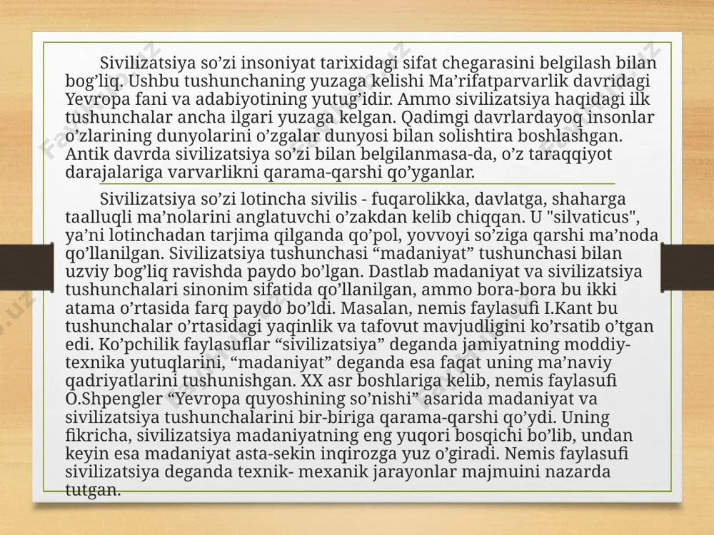 inligini ta’minlash imkoniyatini yaratadi. sivilizatsiyali hayot insonni madaniyatli qiladi va uning har tomonlama kamol topishi uchun shart-sharoit yaratadi. sivilizatsiya kategoriyasining serqirraligi va ko’p serma’noligi tufayli unga aniq ta’rif berish mushkul. “sivilizatsiya” ning yuzdan ortiq ta’riflari mavjud bo’lib, har bir o’ziga xos ta’rifida ijtimoiy hayotning ma’lum tomonlari, jihatlariga alohida urg’u beriladiki, bu umuman sivilizatsiyaning ijtimoiy hodisa sifatidagi mohiyatini to’laroq anglab etishga xizmat qiladi. sivilizatsiya tushunchasining tarixiy-falsafiy mohiyati – tarixiy jarayonning birligi va ushbu jarayon davomida insoniyatning moddiy-texnik hamda ma’naviy yutuqlarning majmui. sivilizatsiya umumjahon tarixiy jarayonining ijtimoiylikning ma’lum darajasiga erishish bilan bog’liq bosqichini ham anglatadi. sivilizatsiyaning yana bir ma’nosi - madaniyatning zamon va makonda chegaralangan tarixiy tipi (misr sivilizatsiyasi, mesopotamiya sivilizatsiyasi va b.). sivilizatsiya madaniyatso’zining sinonimi sifatida, ko’pincha moddiy madaniyat ma’nosida ham qo’llaniladi. shveytsariyalik tarixchi j.starobinskiyning fikricha, sivilizatsiya tushunchasini ilk bor fransuz iqtisodchisi viktor riketi mirabo (1715-1789 yy) o’zining “qonunlar do’sti” asarida qo’llagan. 1767 yilda u shotlandiyalik ma’rifatparvar adam fergyusson (1723-1816) asarida …