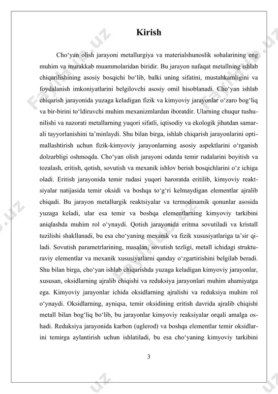 adi va bu sovutish parametrlari — sovutish tezligi, harorat va muhit sharoitlariga bog‘liq holda, metallning mikrostrukturasini va mexanik xususiyatlarini belgilaydi. masalan, sovutish tezligi yuqori bo‘lsa, kristall tuzilishi qattiqroq va qattiqlik yuqori bo‘ladi. bu jarayonlarning nazorati metallning mustahkamligini, qattiqligini va qattiqlikni oshirish uchun muhimdir. uchinchi, sovutish jarayonida metall ichida yasalgan mikrostruktura va strukturaviy elementlar shakllanadi. sovutish parametrlarining muhimligi shundaki, ular metallning ichki tuzilishini va xususiyatlarini belgilaydi. masalan, sovutish tezligi juda yuqori bo‘lsa, metallarda qattiqlik va qattiqlik oshadi, lekin ularning plastiklik xususiyatlari kamayishi mumkin. bu jarayonlarning optimal sharoitlarda bajarilishi metallning sifatini yuqori darajada saqlashga imkon beradi va keyingi mexanik ishlov berish jarayonlarini osonlashtiradi. kimyoviy jarayonlar esa, ayniqsa, oksidlarning ajralib chiqishi va reduksiya jarayonlari, metallarning kimyoviy tarkibining shakllanishida muhim rol o‘ynaydi. eritishda, temir oksidi va boshqa oksidlar issiqlik ta’sirida ajralib chiqadi va metall bilan bog‘lanadi. bu jarayonlarda oksidlarning ajralib chiqishi metallning kimyoviy tarkibiga ta’sir qiladi va uning sifatiga bevosita ta’sir ko‘rsatadi. reduksiya jarayonida, …
