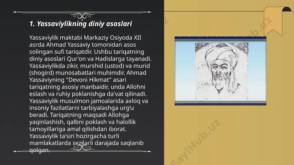 monlarini o'rganishga qaratilgan yo'nalishdir. yassaviylik tasavvufning bir shakli bo'lib, inson qalbi va alloh bilan bog'lanishini kuchaytirishga qaratilgan. ushbu yo'nalishlar orqali muridlar ma'naviy poklanish va allohning muhabbatiga yetishishga intiladi. qozog'iston va o'zbekistonda bu yo'nalishlar keng tarqalgan, masalan, ahmad yassaviy turkiston shahrida joylashgan maqbarasi bilan mashhur. ... t.me/slaydai_bot 7. yassaviylikda axloqiy qadriyatlar yassaviylik axloqiy qadriyatlari o'rta osiyoda ahmad yassaviy tomonidan ishlab chiqilgan sufiylik yo'nalishi bo'lib, u inson axloqiy kamolotini maqsad qilgan. yassaviylikda asosiy qadriyatlar saxovat, halollik, adolat va sabr-toqatdir. bu qadriyatlar orqali inson o'z nafsini tozalash va ruhiy kamolotga erishishni maqsad qiladi. ahmad yassaviy o'z "hikmatlar" asarida axloqiy qadriyatlarga alohida e'tibor qaratgan. yassaviylik qadriyatlari asosida insonlar o'zaro hurmat, mehr-oqibat va tinch-totuvlikda yashashlari ta'kidlanadi. ushbu qadriyatlar o'rta osiyo musulmon xalqlari madaniy va axloqiy rivojlanishida muhim o'rin egallab, zamonaviy davrda ham o'z ahamiyatini saqlab qolgan. ... t.me/slaydai_bot shariat, tariqat, haqiqat va ma’rifat islomdagi ruhiy rivojlanish bosqichlarini ifodalaydi. shariat - islom qonun-qoidalari va amaliyotiga rioya …