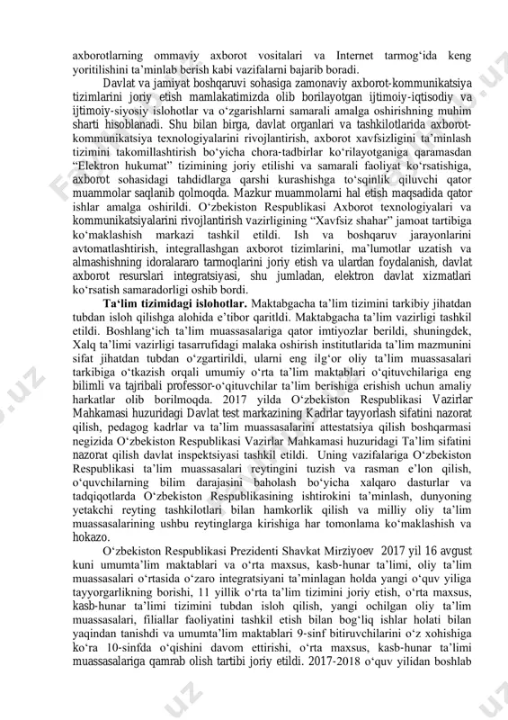 or xalqaro reytinglardagi o‘rnini yaxshilashga to‘sqinlik qilayotgan mavjud haqiqiy muammolarning tizimli tahlilini olib borish, ularni hal etish bo‘yicha takliflar ishlab chiqish, xalqaro tashkilotlar, reyting agentliklari va ilmiy muassasalarning ekspertlari bilan hamkorlik o‘rnatish va konstruktiv muloqotni yo‘lga qo‘yish; kabi vazifalar kiradi. o‘zbekiston respublikasi moliya vazirligi manfaatdor vazirlik va idoralar bilan birgalikda 2020 yil 1 oktyabrda qadar internet tarmog‘ida «o‘zbekiston respublikasi xalqaro reytinglarda» yagona portali ishga tushirildi. kengash ishchi organlari axborot texnologiyalari va kommunikatsiyalarini rivojlantirish vazirligi bilan birgalikda portal faoliyatining uzluksiz ishlashini ta’minlash va uni yangilab borish uchun mas’ul etib belgilandi. o‘zbekiston respublikasi oliy majlisi huzuridagi nodavlat notijorat tashkilotlarini va fuqarolik jamiyatining boshqa institutlarini qo‘llab-quvvatlash jamoat fondi hamda «yuksalish» umummilliy harakati zimmasiga o‘zbekiston respublikasining asosiy xalqaro reytinglardagi o‘rnini oshirishga to‘sqinlik qilayotgan muammolarni tizimli tahlil qilish, ularni bartaraf etish bo‘yicha takliflar ishlab chiqish, shuningdek mamlakatda amalga oshirilayotgan keng ko‘lamli islohotlarning natijalari to‘g‘risidagi axborotni, jumladan subsidiyalar, grantlar ajratish hamda ijtimoiy buyurtmalar berish orqali xalqaro …