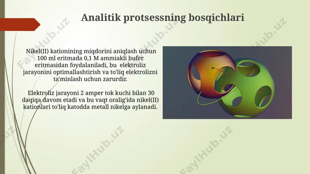 olingan natijalar, 98,5% nikel(ii) kationining elektrolit eritmasidan to'liq elektroliz orqali aniqlanishini ko'rsatadi, bu esa usulning yuqori aniqligidan dalolat beradi. o'rtacha nisbiy xato 0,8% dan kam bo'ldi, bu esa kulometr usulining takrorlanuvchanligi va ishonchliligini tasdiqlaydi. kulombometrik usulning asosiy printsiplari usulning sezgirligi yuqori, chunki 10⁻⁶ mol dan kam miqdordagi nikel(ii) kationini ham aniqlash mumkin, bu juda past konsentratsiyalarni tahlil qilish imkonini beradi. kulombometrik usulda, elektrod orqali o'tgan elektr zaryadining miqdori (kulonlarda) aniqlanadi va bu miqdor to'g'ridan-to'g'ri elektrod yuzasida reaksiyaga kirishgan modda miqdoriga (mol) proportsionaldir, faradey qonunlariga asosan. elektroliz jarayonini o'tkazish elektroliz jarayonini 2,5-3 v kuchlanishda o'tkazish kerak, bu nikel(ii) kationining to'liq elektrolitsiz ajralib chiqishi uchun yetarli bo'ladi. tok kuchini 0,1-0,2 a oralig'ida saqlash tavsiya etiladi. elektroliz jarayoni davomida eritmaning haroratini 60-70 °c oralig'ida ushlab turish, reaksiya tezligini oshiradi va nikelning to'liq cho'kmasiga yordam beradi. e'tiboringiz uchun rahmat @taqdimot_robot image1.jpg image2.jpg image3.jpg image4.jpg image5.jpg image6.jpg image7.jpg image8.jpg image9.jpg image10.jpg image11.jpg image12.jpg