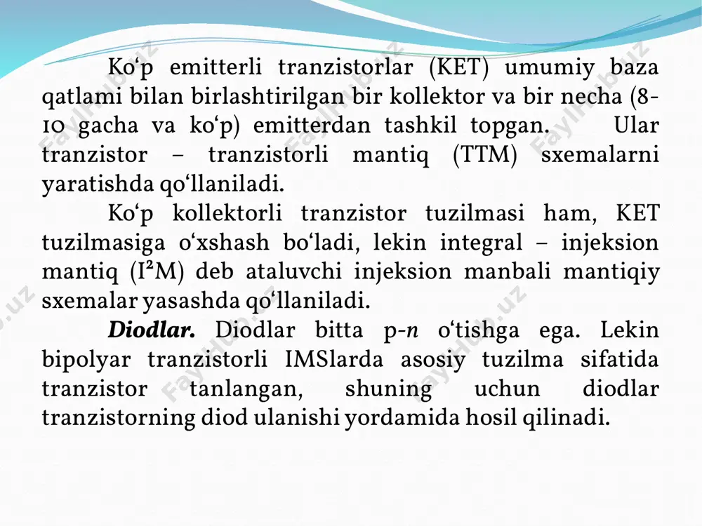 . bu pardada maxsus usullar (fotolitografiya) yordamida darcha deb ataluvchi teshiklar shakllanadi. kiritmalar yoki diffuziya (yuqori temperaturada ularning konsentratsiya gradienti ta’sirida kiritma atomlarini yarim o‘tkazgichli asosga kiritish), yoki ionli legirlash yordamida amalga oshiriladi. ionli legirlashda maxsus manbalardan olingan kiritma ionlari tezlashadi va elektr maydonda fokuslanadilar, asosga tushadilar va yarim o‘tkazgichning sirt qatlamiga singadilar. planar texnologiyada yasalgan yarim o‘tkazgichli bipolyar tuzilmali ims namunasi va uning ekvivalent elektr sxemasi 1 a, b - rasmda keltirilgan. diametri 76 mmli yagona asosda bir varakayiga usulda bir vaqtning o‘zida har biri 10 tadan 2000 ta element (tranzistorlar, rezistorlar, kondensatorlar)dan tashkil topgan 5000 mikrosxema yaratish mumkin. diametri 120 mm bo‘lgan plastinada o‘nlab milliontagacha element joylashtirish mumkin. zamonaviy imslar qotishmali planar – epitaksial texnologiyada yasaladi. bu texnologiya planar texnologiyadan shunisi bilan farq qiladiki, barcha elementlar p–turdagi asosda o‘stirilgan n–turdagi kremniy qatlamida hosil qilinadi. epitaksiya deb kristall tuzilmasi asosnikidan bo‘lgan qatlam o‘stirishga aytiladi. 1 – rasm. planar – …