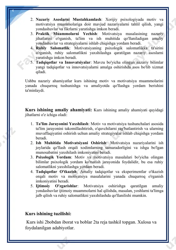 rs ishining amaliy ahamiyati: kurs ishining amaliy ahamiyati quyidagi jihatlarni o'z ichiga oladi: 1. ta'lim jarayonini yaxshilash: motiv va motivatsiya tushunchalari asosida ta'lim jarayonini takomillashtirish, o'quvchilarni rag'batlantirish va ularning muvaffaqiyatini oshirish uchun amaliy strategiyalar ishlab chiqishga yordam beradi. 2. ish muhitida motivatsiyani oshirish: motivatsiya nazariyalarini ish joylarida qo'llash orqali xodimlarning samaradorligini va ishga bo'lgan munosabatini yaxshilash imkoniyatini beradi. 3. psixologik yordam: motiv va motivatsiya masalalari bo'yicha olingan bilimlar psixologik yordam ko'rsatish jarayonida foydalidir, bu esa ruhiy salomatlikni yaxshilashga yordam beradi. 4. tadqiqotlar o'tkazish: amaliy tadqiqotlar va eksperimentlar o'tkazish orqali motiv va motivatsiya masalalarini yanada chuqurroq o'rganish imkoniyatini beradi. 5. ijtimoiy o'zgarishlar: motivatsiya oshirishga qaratilgan amaliy yondashuvlar ijtimoiy muammolarni hal qilishda, masalan, yoshlarni ta'limga jalb qilish va ruhiy salomatlikni yaxshilashda qo'llanilishi mumkin. kurs ishining tuzilishi: kurs ishi 2bobdan iborat va boblar 2ta reja tashkil topgan. xulosa va foydalanilgan adabiyotlar. i bob. xorij psixologiyasida motiv va motivatsiya muammosini nazariy o'rganilishi. 1.1. motiv …