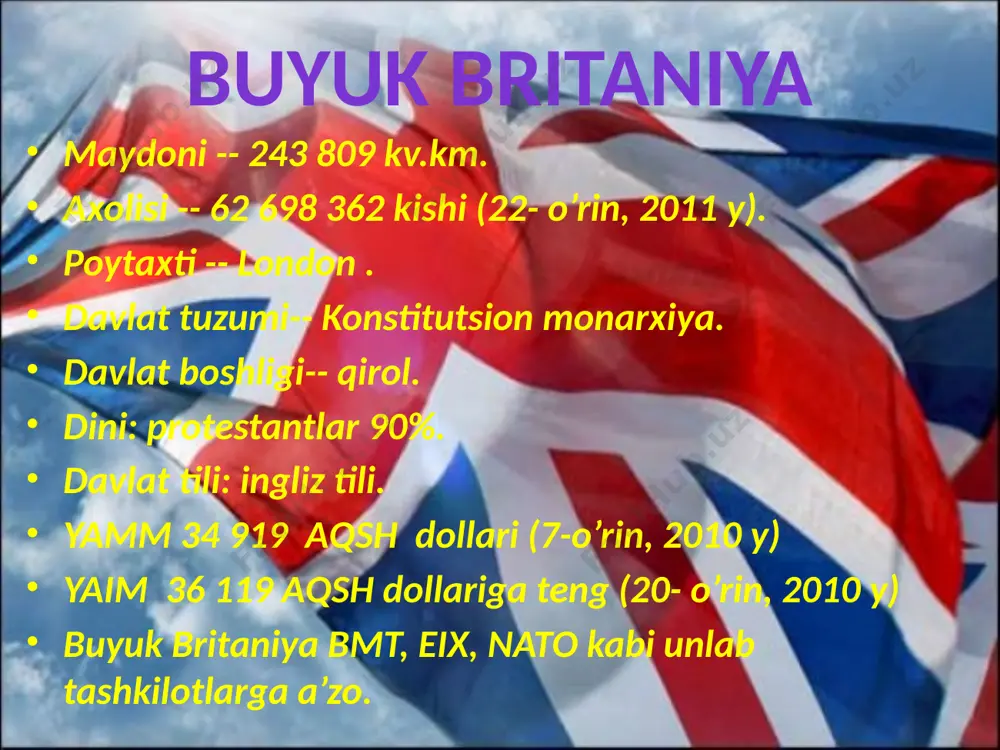 chi slanets kazib olinadi. neft va rangli metall konlari mavjud. shimoliy dengizning buyuk britaniya qirg’og’ida yaqinida tabiy gaz konlari bor. www.arxiv.uz iqlimi buyuk britaniya iqlimi mo’tadil dengiz iqlim bo’lib, o’rtacha havo harorati +11 s, urtacha yog’in miqdori 800 mm atrofida. iqlimida okean oqimlari ta’siri juda kuchli. asosiy qismi tekisliklardan iborat, shimolda past tog’lar bor. eng baland joyi skeyfel-payk tog’i (978 m). asosiy daryolari: temza, severn, tayn. o’rmonlar mamlakat maydonining 4% qismini egallaydi. unda eman, korakayin, qarag’ay, shumtol, qora qarag’ay daraxtlari usadi. hayvonlardan tulki, quyon, olmaxon, tipratikan, bug’u, suvsarlar ko’p uchraydi. qushlardan kaklik, o’rdak, qarg’a, yovvoyi kabutar, karkurlar keng tarqalgan. www.arxiv.uz siyosiy adminstrativ bo’linishi: www.arxiv.uz 47 graflik, 6 metropoliten grafligi, katta london, 12 oblast, 6 okrug, men va normand orollaridan iborat. aholisi. xx asrning 2-yarmiga qadar aholining okean ortiga ommaviy ravishda ko’chib ketishiga qaramay mamlakat aholisi tez o’sdi.lekin keyingi paytlarda aholi tabiiy o’sishining sezilarli pasayishi natijada ingliz millatining “qarishi” sezilmoqda. buyuk …