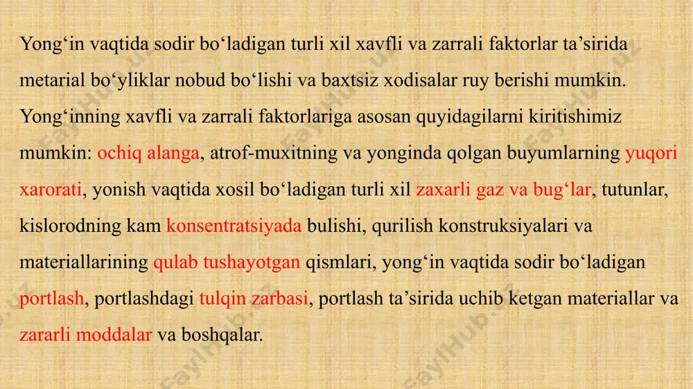 g yong‘in mustaxkamliligi darajasini to‘g‘ri tanlash kabi tadbirlarni uz ichiga oladi. yong‘inning tarkalishini oldini olish sistemalari esa, yonginga qarshi tusiqlarni o‘rnatish, qurilmalar va inshootlarda avariya xolatida uchirish va qo‘shish jixozlaridan va yong‘indan tusuvchi vositalardan foydalanish, yong‘in vaqtida yonuvchi suyukliklarning to‘kilishini oldini oluvchi vositalardan foydalanish kabi tadbirlar orqali amalga oshiriladi. tashkiliy-texnik tadbirlarga esa yong‘indan ximoyalanish xizmatini tuzish, uni texnik jixozlar bilan ta’minlash, yong‘in xavfsizligi bo‘yicha ob’ektdagi moddalar, materiallar, jixozlar, qurilmalar va texnologik jarayonlarni pasportlashtirish, yong‘in muxofazasi bo‘yicha mutaxassislar tayyorlash va ularni o‘qitish, yong‘in xavfsizligi bo‘yicha instruktajlar va axoli o‘rtasida turli xil tadbirlar o‘tkazish, yong‘inga qarshi ko‘rsatmalar (instruksiyalar) ishlab chiqish va boshqa shu kabi tadbirlar kiradi. yong‘inga karshi ximoya sistemasi yong‘inga qarshi ximoya sistemasi- bu yong‘inning xavfli faktorlarini insonga ta’sirini bartaraf etishga va yong‘in vaqtida material zararlar miqdorini cheklashga qaratilgan tashkiliy tadbirlar va texnik vositalar majmuidir. yong‘inga chidamlilik deganda materiallar va konstruksiyalarning yong‘in sharoitida uz mustaxkamligini saqlash xususiyati tushuniladi. qurilish konstruksiyalarining yong‘in …