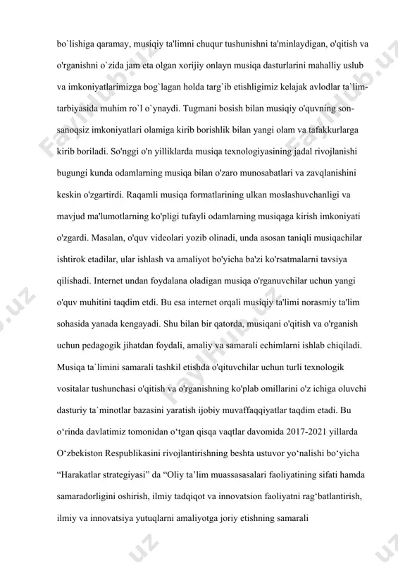 sh, raqamli texnologiyalardan keng foydalanishni nazarda tutuvchi innovatsion o‘quv dasturlarini ishlab chiqishni ta’minlash” [3], shuningdek yangi tahrirdagi “ta’lim to‘g‘risidagi qonun”da belgilangan “ta’lim tashkilotlarida innovatsion faoliyatni qo‘llab-quvvatlash va o‘quv dasturlarini innovatsion texnologiyalarni qo‘llagan holda amalga oshirish” [4] mezonlarini va shuningdek mazkur faoliyatga tegishli boshqa me’yoriy-huquqiy hujjatlarda belgilangan vazifalarni amalga oshirishda ushbu “musiqiy ta’limda innavatsion yondashuv” nomli amaliy tadqiqot ishi muayyan darajada xizmat qiladi. elektron dasturning maqsadi: otmning dtsdagi musiqiy ta’lim yo‘nalishi bakalavriat bosqichi o‘quv dasturiga mos holda nazariy va amaliy jihatdan innovatsion yondashuv bo‘yicha “musiqa o‘qitish nazariyasi va maktab repertuari” fani laboratoriya mashg‘ulotlarini samarali tashkil etish yuzasidan o‘quv elektron darslik milliy musiqamizni o‘zida mujaasam etgani holda turli yoshdagi foydalanuvchilari uchun musiqiy ta’limga innovatsion yondashuv bo‘lib yordam beradi. hamda internet tizimining o‘quv bazasidagi mavjud innovatsion g‘oyalarni ta’lim jarayoniga tadbiq etish orqali musiqiy savodxonlik darajasini rivojlanishiga ko‘maklashishdan iborat. tadqiqot vazifalari: tadqiq etilayotgan mavzu dolzarbligini asoslab berish va fan bo‘yicha nazariy va amaliy mashg‘ulotlarni …