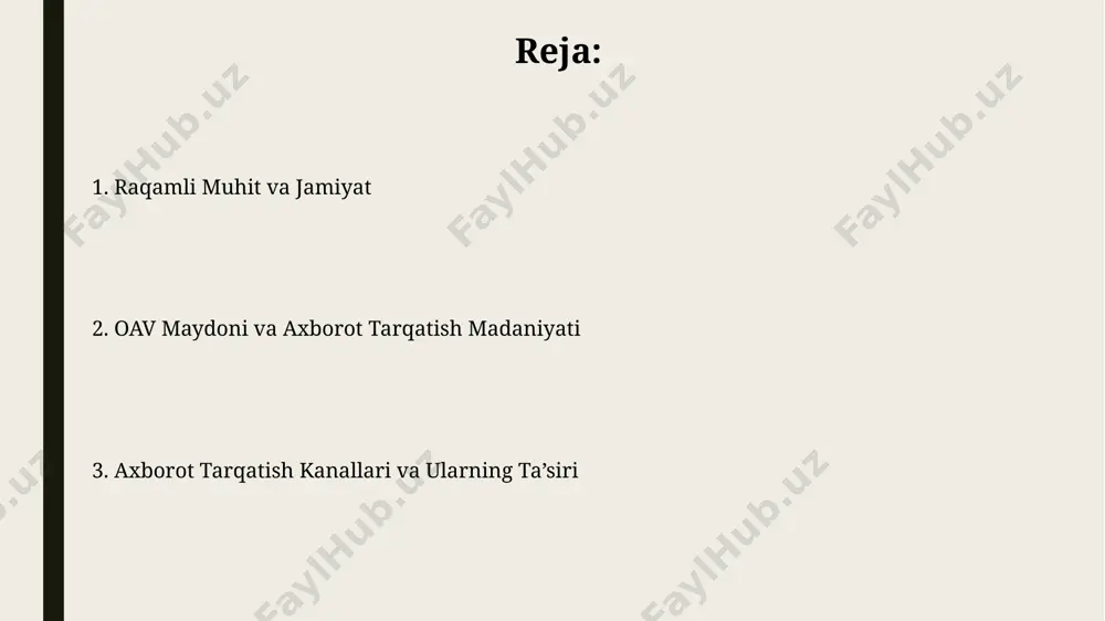bo'ylab 10 millionlab tomoshabinlarga yetib borishi mumkin. oav maydoni va axborot tarqalish madaniyati markaziy osiyo mamlakatlari orasida oʻzbekiston oav maydonining rivojlanishi boʻyicha 2-oʻrinda turadi va bu 500 dan ortiq telekanallar va radiostansiyalar orqali axborot tarqalishini taʼminlaydi. oav maydonida 2023 yilda oʻzbekistonda internet foydalanuvchilarining 70% dan ortigʻi ijtimoiy tarmoqlar orqali axborot oladi, bu esa tezkor va keng tarqalgan axborot madaniyatini shakllantiradi. axborot iste'moli madaniyati axborot iste’moli madaniyati samarqand viloyatida o‘tkazilgan so‘rovnomalarning 60%i aholining internetdan axborot olishda tanqidiy fikrlash ko‘nikmalarining yetarli emasligini ko‘rsatdi. o‘zbekistonning 2021 yilgi milliy axborot strategiyasi raqamli savodxonlikni oshirish va axborot manbalariga tanqidiy yondashishni 30% ga oshirishni maqsad qilgan. sensorura va axborot erkinligi toshkentdagi nodavlat tashkilotlarning 20% dan ortigʻi axborot manbalariga kirishni cheklash va sensorura natijasida oʻz faoliyatlarini toʻxtatish yoki qisqartirishga majbur boʻlgan. markaziy osiyoda oʻzbekiston 2023-yilgi “matbuot erkinligi indeksi”da 135-oʻrinni egalladi, bu esa mamlakatdagi axborot tarqalishi va sensorura darajasi haqida aniq dalolat beradi. yangiliklar tarqalishining tezligi va ta'siri …