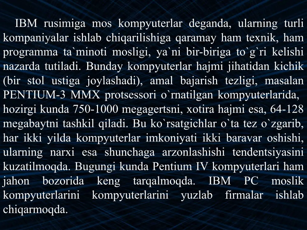 printerlar ma`lumotlarni bosmaga chiqarish qismi. printerlarning lazer, matritsali (ignali) va sepuvchi turlari mavjud. ular har biri ishlash xolati, tezligi, bosmani sifati va narxi, hamda ranglar bo`yicha farqlanadi. modem ma`lumotlar bilan telefon aloqa orqali almashish qismi. modemlar tezligi (2400 bit sekunddan - 33600 bit sekundgacha) bo`yicha farqlanadi. telefonda hamma ma`lumotlar tovush holatida bo`ladi, kompyuterda esa raqamlar holatida. shuning uchun bitta modem raqamlarni tovush holatiga o`tkazadi, ikinchisi esa tovushlarni raqamlarga o`tkazadi. bu holat «modelirovanie» va «demodulirovanie» deb nomlanganligi uchun bu qurilmalar modem deb nomlangan skanerlar tasvir va matn ma`lumotlarini kompyuterga kiritish qismi. skanerlar rangli va rangsiz bo`ladi. ular tasvirlarni olish sifati bo`yicha farqlanadi. aktiv kolonkalar musiqa va xar xil tovushlarni chiqarish qurilmasi. aktiv kolonkalar dinamiklar soni (1 yoki 2 dinamikli) buyicha farklanadi. quyidagi sxemada kompyuterninig asosiy va qo`shimcha qurilmalari keltirilgan bo`lib, ularning vazifalari hamda ishlash prinsipi keyingi mavzularda batafsil keltiriladi. taktli impulslar generatori va uzilishlar nazoratchisi taktli impulslar generatori elektr impulslari ketma-ketligini …