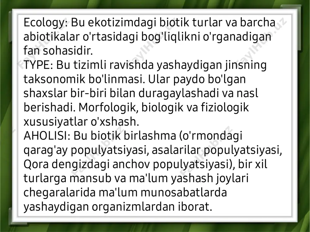 tida uch tomonlama javobgarlik tamoyillari qabul qilinishi kerak. energiyani tejash dasturlari qo'llab-quvvatlanishi va o'rganilishi kerak. chiqindilarni boshqarish sohasidagi qayta ishlashni qayta ishlash imkoniyatlari bo'yicha amalga oshirish kerak. organik ishlab chiqarish va qishloq xo'jaligi amaliyotining ahamiyati ko'tarilishi kerak va tegishli treninglar o'tkazilishi kerak.mamlakatimizda alternativ energiya manbalariga shoshilinch qadamlar qo'yilsa va jiddiy qadamlar qo'yilsa, tabiatga eng kam zarar etkazish va ongli holga keltirish eng yuqori foyda keltiradi. www.arxiv.uz e'tiboringiz uchun rahmat!