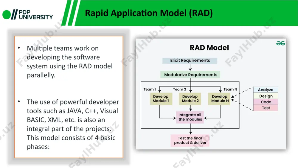on development model (rad) the progress and development of the project can be measured through the various stages. it is easier to accommodate changing requirements due to the short iteration time spans. productivity may be quickly boosted with a lower number of employees. disadvantages of rapid application development model (rad) the use of powerful and efficient tools requires highly skilled professionals. the absence of reusable components can lead to the failure of the project. the team leader must work closely with the developers and customers to close the project on time. the systems which cannot be modularized suitably cannot use this model. disadvantages of rapid application development model (rad) customer involvement is required throughout the life cycle. it is not meant for small-scale projects as in such cases, the cost of using automated tools and techniques may exceed the entire budget of the project. not every application can be used …