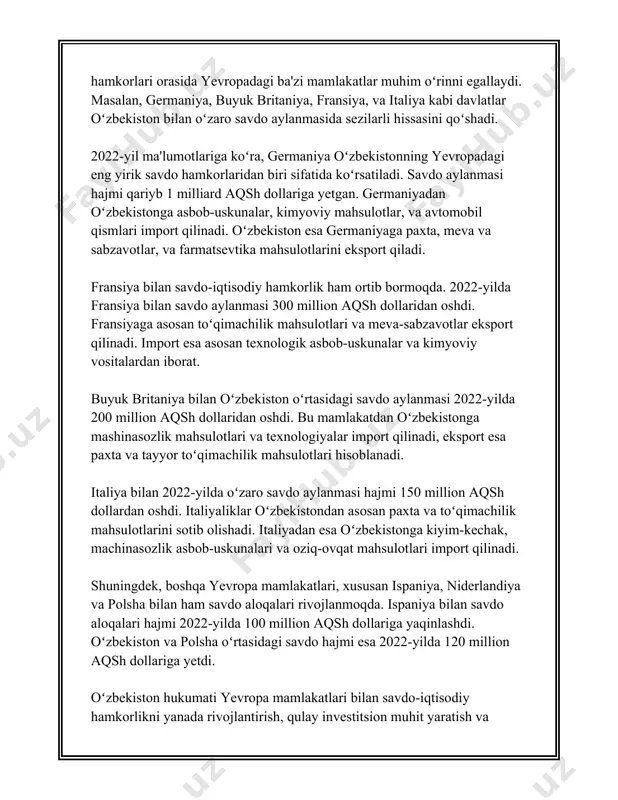 a o'zbekiston shveysariya bilan hamkorlikda yangi madaniyat markazini tashkil qilib, o'zaro madaniy almashinuvlar dasturlarini kengaytirdi. 3. **san'at va ijodiy hamkorlik:** - 2020-yilda o'zbekiston va germaniya o'rtasida muzey va san'at sohasida hamkorlik memorandumi imzolandi. ushbu memorandum doirasida ikki davlatning san'at asarlari bilan ko'rgazmalar tashkil etildi. - yevropa davlatlari o'zbekistonda haykaltaroshlik, teatr, musiqa va boshqa san'at yo'nalishlarida seminarlar va master-klasslar o'tkazish orqali tajriba almashinmoqda. - 2019-yilda o'zbekistonda italiyaning mashhur opera ijrochilari va dirijyorlari ishtirokida bir qator konsertlar va operalar namoyish etildi. 4. **ilmiy tadqiqotlar va hamkorlik:** - o'zbekiston va yevropa ittifoqi o'rtasida 2018-yilda ilmiy tadqiqotlar sohasida o'zaro hamkorlikni kuchaytirish uchun memorandumlar imzolandi. - yevropa ittifoqining horizon 2020 dasturi doirasida o'zbekistondan 20 dan ortiq loyiha yevropa olimlari bilan birgalikda amalga oshirildi. - har yili ilm-fan va texnologiyalardagi yangiliklar bo'yicha o'zaro konferensiyalar o'tkazilishi natijasida ikki tomonlama innovatsion yondashuvlar ishlab chiqilmoqda. yuqorida keltirilgan ma'lumotlardan ko'rinib turibdiki, o'zbekiston va yevropa davlatlari o'rtasidagi madaniy almashinuvlar doimiy ravishda …