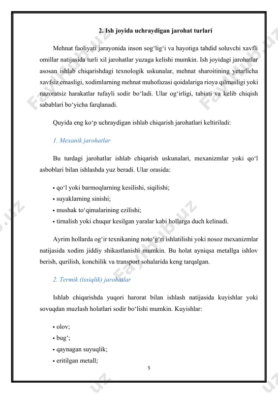depressiya va hatto ruhiy kasalliklar paydo bo‘ladi. umuman olganda, ish joyida sodir bo‘ladigan har qanday jarohat inson salomatligiga salbiy ta’sir ko‘rsatadi, mehnat unumdorligini pasaytiradi va korxona iqtisodiy samaradorligiga zarar yetkazadi. shu sababli, har bir korxona o‘z xodimlari salomatligini himoya qilish, xavfli omillarni bartaraf etish va favqulodda holatlarga tayyor bo‘lish choralarini ko‘rishi zarurdir. 3. jarohatlarning sabablari va tahlili mehnat jarayonida yuzaga keladigan jarohatlar turli omillar ta’sirida sodir bo‘ladi. ularning kelib chiqish sabablari murakkab va ko‘p omillarga bog‘liq bo‘lib, asosan inson omili, texnik nosozliklar, ish muhitidagi xavf-xatarlar, mehnatni muhofaza qilish qoidalariga rioya qilmaslik kabi sabablar asosiy o‘rinni egallaydi. jarohatlarning sabablarini chuqur tahlil qilish, ularni bartaraf etish choralari va profilaktika mexanizmlarini ishlab chiqish mehnat muhofazasi sohasining muhim vazifalaridan biridir. inson omiliga bog‘liq sabablar eng ko‘p uchraydigan jarohatlar sabablari orasida inson omili yetakchi o‘rinda turadi. bu quyidagilarni o‘z ichiga oladi: · ishchilarning yetarli malakaga ega emasligi; · ish tartib-qoidalariga beparvolik; · mehnat intizomini buzish; …