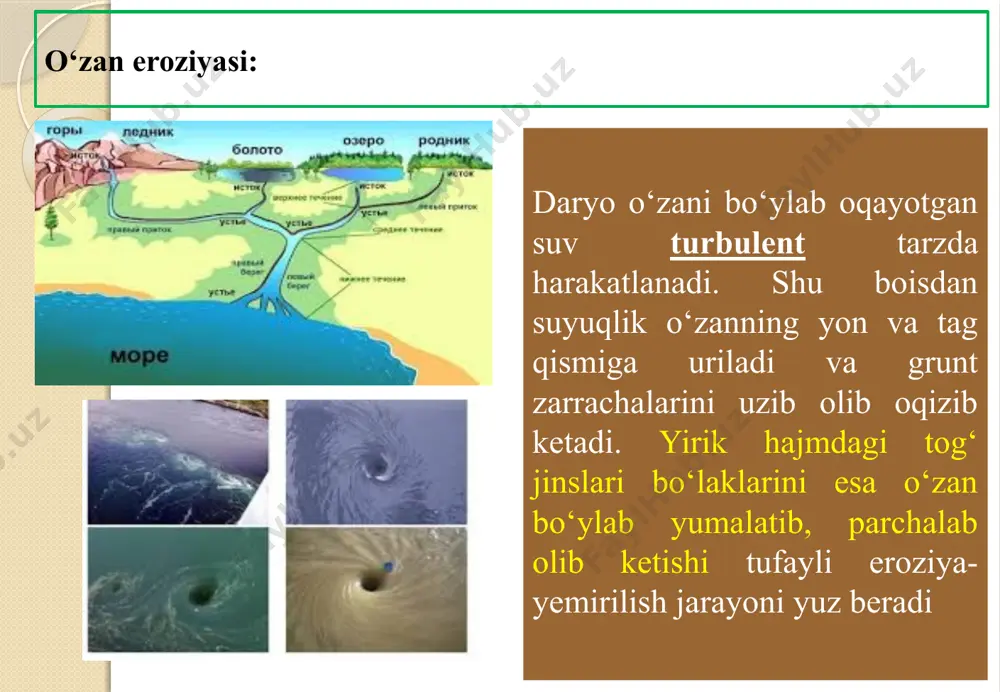 oyda keng tarqalganligidan dalolat degish yoki deygish xuddi shunday xalq tabiiy beradi. masalan, geografik terminlari sirasidandir amudaryo doimiy faoliyat yurituvchi suv oqimi-daryolarning geologik faoliyati: doimiy suv oqimi tufayli o‘zan bo‘ylab uzluksiz tarzda harakatlanayotgan soy yoki daryolar shakllanadi. bunday tartibda suv oqishiga sabab o‘zanning ma’lum darajada nishab ekanligi hamda o‘zanga muttasil tarzda suv oqib kelib turishidir. ikkinchi guruhga mansub sel oqimi ko‘proq (gryazekamenniy): - loyqa, mayda qum zarrachalari, shag‘al, qayroqtoshlar bilan birgalikda odatiy oqim joyidan qo‘zg‘ata olmaydigan xarsanglarni ham yumalatib harakatlantira boshlaydi, oqim tarkibida yirik daraxtlar ham ko‘plab uchraydi. sel juda kuchli shovqun-suron bilan kechadi, hatto sel oqayotgan o‘zandan 200-300 m uzoqlikda ham zaminning titrashi seziladi. shunday sel 1956 yili kichik almota daryosida kuzatilgan. to‘lin suv davrida soylarning suv sarflari keskin o‘zgarib turadi, chunki avji qor eriyotgan davr (may, aprel oylari) da yomg‘ir eng ko‘p yog‘adi. xuddu shu sababga ko‘ra to‘lin suv davrida ko‘pchiliq soylardan sel keladi. sel nurota, zarafshon, turkiston, …