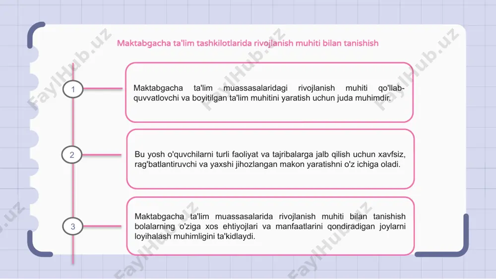ng qilish dasturlarning samarali bo'lishini va o'quvchilarning ehtiyojlarini qondirishini ta'minlaydi. bu yaxshilanish sohalarini aniqlashga yordam beradi. rivojlanish tashabbuslarining rivojlanishini monitoring qilish va samaradorligini baholash orqali maktabgacha ta'lim muassasalari yosh bolalar uchun eng yaxshi ta'limni taqdim etishlarini ta'minlashi mumkin. 1 2 3 maktabgacha yoshdagi bolalarni rivojlantirish amaliyotidagi innovatsiyalar maktabgacha ta'lim muassasalarida rivojlanish muhiti yosh bolalarning o'sishi va o'rganish tajribasini shakllantirishda hal qiluvchi rol o'ynaydi. maktabgacha yoshdagi bolalarni rivojlantirish amaliyotidagi innovatsiyalar ularning kognitiv va ijtimoiy ko'nikmalarini oshirish uchun zamonaviy texnologiyalar va interfaol o'qitish usullarini kiritishga qaratilgan. ushbu innovatsion strategiyalarni amalga oshirish orqali maktabgacha tarbiyachilar yosh o'quvchilarda ijodkorlik, qiziquvchanlik va umumiy rivojlanishni rag'batlantiradigan rag'batlantiruvchi va inklyuziv muhitni yaratishi mumkin. erta yoshdagi bolalar ta'limi uchun rivojlanish muhitining kelajakdagi tendentsiyalari maktabgacha ta'lim muassasalarida rivojlanish muhiti texnologiya integratsiyasi, interaktiv ta'limni rag'batlantirish va yosh o'quvchilar uchun shaxsiy tajribalar bilan rivojlanmoqda. kelajakdagi tendentsiyalar faollik va ta'lim natijalarini yaxshilash uchun erta bolalik davridagi ta'limni yaxshilash uchun raqamli platformalar, o'yinlar …