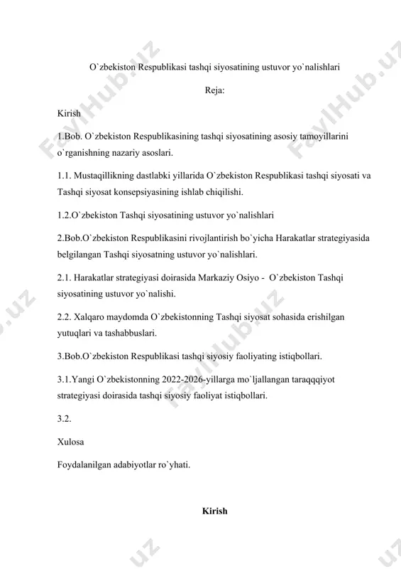 rga, birlashgan millatlar tashkilotining hamda yevropada xavfsizlik va hamkorlik tashkilotining prinsiplari va maqsadlariga, shuningdek o‘zbekiston respublikasi oliy majlisi tomonidan ratifikatsiya qilingan o‘zbekiston respublikasining xalqaro shartnomalari va bitimlaridan kelib chiqadigan majburiyatlarga asoslanadi . shuningdek tashqi siyosatimiz xalqaro munosabatlar doirasida kechayotgan globallashuv jarayonlarini va markaziy osiyo mintaqasidagi geosiyosiy ahamiyatinini chuqur anglab yetgan holda tashqi siyosat konsepsiyamiz va tashqi siyosat bilan shug`ullanuvchi barcha idoralar va vazirliklar qayta isloh qilindi. xususan,” o`zbekiston respublikasi tashqi ishlar vazirligi tizimini tubdan takomillashtirish hamda tashqi siyosiy va tashqi iqtisodiy faoliyatining ustuvor yo`nalishlarini amalga oshirishda uning mas`uliyatini kuchaytirish chora tadbirlari to`g`risida”2 o`zbekiston respublikasi prezidenti farmoning qabul qilinishi tashqi siyosiy va tashqi iqtisodiy yo‘lning samarali davom ettirilishi mamlakatda keng ko‘lamli islohotlarni va demokratik o‘zgarishlarni muvaffaqiyatli ro‘yobga chiqarishda, xalqaro maydonda mamlakat nufuzini mustahkamlashda va aholi farovonligining oshishini ta’minlashda eng muhim omil bo`lib xizmat qilmoqda. tashqi siyosiy faoliyatning asosiy va birinchi darajali vazifalaridan biri bu 2017-2021-yillarda o‘zbekiston respublikasini rivojlantirishning beshta ustuvor yo‘nalishi …