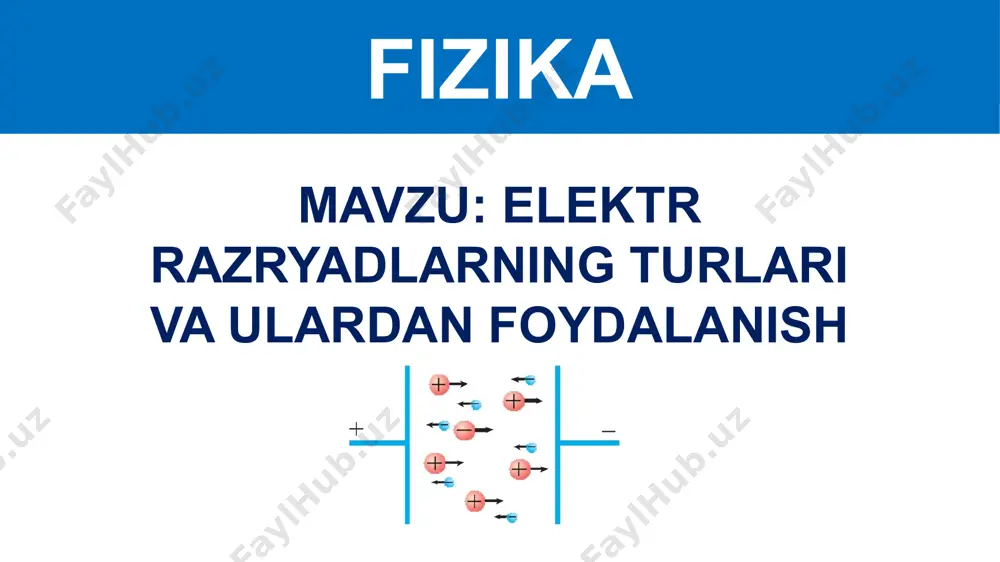 siyalangan ikkita elektrodni yuqori kuchlanish manbaiga ulaylik. elektrodlardagi kuchlanish ma’lum katta qiymatga yetgach, ular orasida chaqnash – uchqun razryad hosil bo‘lganini ko‘ramiz. uchqun razryad vaqtida o‘ziga hos charsillashi eshtiladi va ko‘zni qamashtiradigan darajada ravshan yorug‘lik chiqadi. yuqori kuchlanishli elektr uzatish tarmoqlarida o‘tkazgich sim metall tayanchga izolyator orqali bog‘langan bo‘lishiga qaramay, ba’zi hollarda kuchli elektr razryad sodir bo‘lishi mumkin. uchqun chiqmasligi uchun elektr uzatish tarmoqlarida kuchlanish qanchalik yuqori bo‘lsa, tayanch va o‘tkazuvchi sim orasidagi izolyator shunchalik katta bo‘lishi kerak. uchqun razryadi odatdagi sharoitda havodagi elektr maydon kuchlanganligi ga yetganda uchqun razryad hosil bo‘ladi. uchqun razryad tabiatda chaqmoq tarzida ro‘y beradi. chaqmoq bulutlar orasida yoki bulut bilan yer orasida sodir bo‘ladi. turli ishorali kuchli zaryadlangan bulutlar bir-biriga yaqinlashganda, ular orasida kuchli uchqun razryad – chaqmoq hosil bo‘ladi. uchqun razryadi bunday bulutlar orasidagi kuchlanish dan oshishi mumkin. bunday bulutlar orasidagi orasidagi chaqmoq paytida havo orqali o‘tgan tokning kattaligi ga boradi. chaqmoq paytida uchqun …