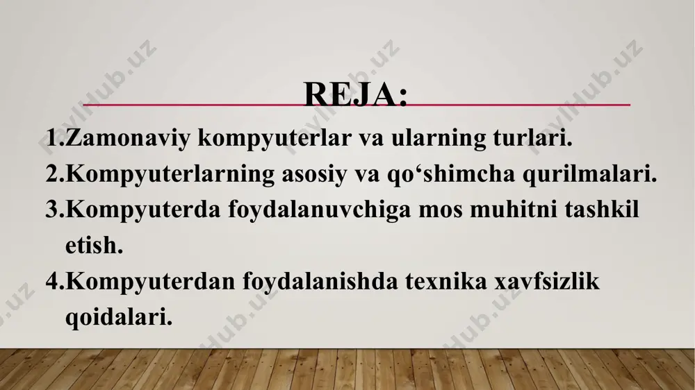 n yoki maxsus antiseptik salfetkalarda artilgan qo‘llar bilan o‘tirish, shuningdek, kompyuter xonasida doimiy ravishda tozalik va tartibga e’tibor berib turish zarur; • ishni to‘xtatgach, qo‘llarni albatta sovunlab yuvish yoki antiseptic moddalar bilan zararsizlantirish muhimdir. kompyuterdan foydalanish qoidalari badan gimnastikasi 1. tanaffus paytida xonada qo‘llarni baland ko‘targan holda 2-3 daqiqa yurish. 2. xonada qo‘llar bilan qarama-qarshi yelkalarni qoqib yurish. 3. boshni asta-sekin avval o‘ng tomonga, so‘ngra chap tomonga 5 martadan burish. 4. o‘ng yelkani o‘ng quloqqa 5 marta ko‘tarib-tushirish, chap yelkani chap quloqqa 5 marta ko‘tarib-tushirish. ko‘z mashqlari olimlarning ta’kidlashicha, kompyu-terda uzoq vaqt ishlash jarayonida ko‘z nurining pasayishi va ko‘rish qobiliyatining susayishi tezroq sodir bo‘lishi mumkin. buning asosiy sababi monitorga uzoq tikilib o‘tirish va ko‘zlarni namlab turuvchi qovoqlarning kam ochilib yumilishidir. bunday holatning oldini olish uchun har kuni maxsus mashqlarni bajarib turish kerak bo‘ladi. e’tiboringiz uchun rahmat! image8.jpeg image9.png image10.png image11.jpeg image12.jpeg image13.png image14.jpeg image15.jpeg image16.jpeg image17.png image18.png image19.png image20.jpeg image21.png …