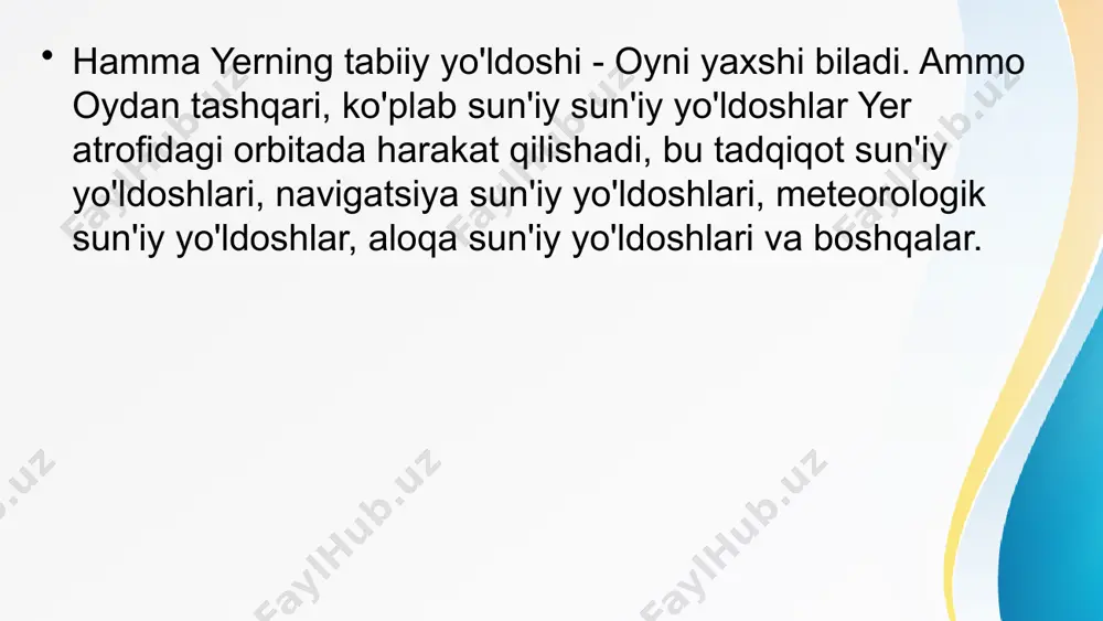 deb ataladi.. birinchi kosmik tezlik - bu jismning yer atrofida uning markazidan r masofada aylanishi uchun harakatlanishi kerak bo'lgan tezlik. r h v r rз ≈ 6400 кm = 6,4 ∙ 106 m g = 9,8 m/s2 birinchi bo'shliq tezligini hisoblash sun'iy yo'ldoshlar odatda 300 km balandlikda uchiriladi, bu erda havo qarshiligi deyarli yo'q.. agar sun'iy yo'ldoshning balandligini e'tiborga olmaydigan bo'lsa, u holda sun'iy yo'ldoshning tezligi quyidagi formula bo'yicha hisoblanadi bu yerda — gravitatsiya kattaligi —jism massasi — высота тела над поверхностью земли — радиус земли oxirgi formuladan foydalanib, siz boshqa har qanday sayyora uchun birinchi bo'shliq tezligini ham hisoblashingiz mumkin sun'iy yo'ldosh harakati faqat tortishish kuchi ta'sirida yuzaga keladi va erkin tushishning namunasidir. unda nima uchun sun'iy yo'ldoshlar yer yuziga tushmaydi? v sun'iy yo'ldosh etarlicha yuqori tezlikka ega, u tangensial ravishda harakatlanadigan aylanaga yo'naltirilgan va yerning markaziga harakat doimiy tezlik harakatini muvozanatlashtiradi sun'iy yo'ldoshni uchirish uchun qanday shartlarni bajarish …