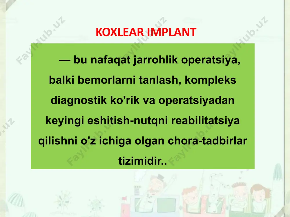 rda nonutqiy tovushlarni idrok etish shakllanadi. nutqning ritmik tuzilishini, ritmni, tempni va intonatsiyani shakllantirish bo'yicha ishlar olib boriladi tatata tatata tatatata ta_ta_ta makonda yo'nalishga katta e'tibor beriladi. individual mashg`ulotlar davomida, dastlabki bosqichda, har bir tovush uchun bosh miya yarim sharlarida "eshitish surati" haqidagi tasavvurni shakllantirish kerak. ushbu toifadagi bolalar bilan ishlashda audiovizual kurslardan keng foydalaniladi. so'nggi paytlarda bolalarni kidan keyin reabilitatsiya qilish jarayonida musiqiy asboblarda o'ynash va qo'shiq aytishni o'rgatish boshlanadi. chizish paytida nutq so'zlash, rasmlarni muhokama qilish va hayotiy vaziyatlarni chizish bolaga tabiiy aloqa sharoitlarida gapirishga yordam beradi. keyinchalik nozik nuanslar bo'yicha darslar: ovoz tembrini farqlash (qo'shiq aytganda va gapirishda), turli xil musiqa asboblarini tanib olish, ohanglarni farqlash. inson ovozlari, nutq va boshqa tovushlar o'rtasidagi farqni aniqlash. katta maktab yoshida ki qo`yilgan bolalarda, implantatsiya qilinmagan tengdoshlari bilan taqqoslaganda, eshitish va nutq rivojlanishidagi kuzatilgan farq juda oz va ko'pincha bolalarning individual xususiyatlariga bog'liq. koxlear implantatsiya tufayli rejalashtirilgan va o'z-o'zidan o'yinlar …