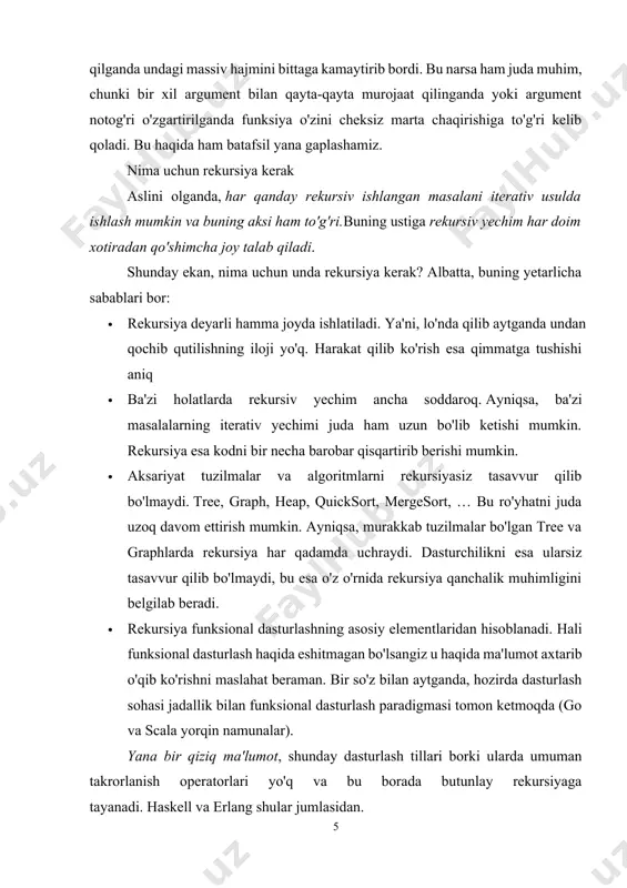 zi ham kam bo'lib qolishi mumkin. chunki, uni iterativ yechim bilan solishtirishda uning murakkabligini hisoblash kerak bo'ladi. rekursiv algoritmlarda bu ko'pincha juda murakkab va yaxshigina matematika talab qiladi. 1.2. rekursiv jarayon nima yangi obyekt yoki tushunchalarga aniq izoh kiritishning eng asosiy qoidalaridan biri bu uning ta’rifida sizga avvaldan ma’lum va tushunarli bo’lgan atamalardan foydalanib ta’rif berishdir. shuning uchun, ta’riflarda asosano’z doirasidan chetda bo’lgan so’zlarni qo’llash noto’g’ri. boshqa tomondan, o’z-o’zini izohlovchi dasturiy tushunchalar juda ko’p.bunday ta'riflar rekursiv ta'riflar deb ataladi va asosan cheksiz to'plamlarga ta'rif berilganda foydalaniladi. bunday to'plamga ta'rif berilganda, barcha elementlar ro'yhatini berish imkonsiz, va juda kata aniq to’plamlar uchun samarasiz. shuning uchun, eng qulay usul bu obyekt o'sha to'plamga tegishli yoki tegishli emasligini aniqlash. rekursiv ta'riflar ikki qismdan iborat. birinchi qismida, to'plamning asos qilib olingan elementlari joylashtiriladi.ikkinchi qismida, asos qilib olingan yoki avval foydalanilgan elementlardan foydalanilmagan holda yangi obyektlar yaratish uchun qoidalar beriladi.bu qoidalarga yangi obyektlarni yaratishda qayta-qayta …