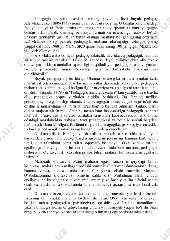 hu bois, bu sohadagi islohotlarni kechiktirishga haqqimiz yo‘q. qanchalik murakkab bo‘lmasin, maktab ta’limida poydevorni bugundan mustahkam qo‘yishimiz kerak. chunki biz ko‘p vaqt yo‘qotganmiz” , — deydi prezident sh.mirziyoyev. zeroki, o‘qituvchi zimmasiga yuklatilgan vazifalarni nechog‘lik vijdon, aql va pedagogik mahorat bilan bajarilishi jamiyat kelajagini ta’minlovchi muhim omildir. o‘qituvchining pedagogik mahorati ko‘zlangan rejalarni amalga oshirishda dastlabki tirgak vazifasini bajaradi. xoʼsh pedagogik mahorat nima va u nimalardan tashkil topgan? bu, fahm-farosat va bilimlarning chinakam ilmiyligi, tarbiyadagi qiyinchiliklarining yengishga qodir boʼlgan nufuzli rahbarlik bolalar qalbining qandayligini his qilish mahorati, ichki dunyosi nozik va zaif boʼlgan bola shaxsiga mohirlik bilan avaylab yondashish, donolik va ijodiy dadillik, ilmiy tahlil, xayol va fantaziyaga boʼlgan qobiliyat mujassamdir. pedagogik mahoratga pedagogik bilimlar, fahm-farosat bilan bir qatorda pedagogik texnika sohasidagi malakalar ham kiradi, ular tarbiyaga kam kuch sarflab koʼproq natijalarga erishish imkonini beradi. har bir mohir pedagogning umumiy pedagogik malakalarni shakllantirish bilan bogʼliq boʼlib, mazkur masalalarni hal qilish pedagogdan odatdan …