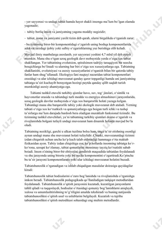 imlik va hayvonot) ta’siriga nisbatan faol va xarakteri jihatdan tubdan farq qiladi. ya’ni, inson ongi tufayli tabiatni o`z ehtiyoji va maqsadiga muvofiq tarzda o‘zgartirish va moslashtirish imkoniyatiga ega. tabiat bilan bo‘iadigan munosabatlarda insonga faollik va boshqa tirik mavjudotlar orasida yetakchilik qilish huquqini beruvchi komil inson ongi ijtimoiy muhitda, ya’ni jamiyatda shakllanadi. yuqoridagi fikrlardan kelib chiqib insonni ikkita, ya’ni tabiiy va ijtimoiy muhitlarning maxsuli bo‘lgan bioijtimoiy mavjudot deb atash mumkin. insonda ham moddiy(tana) va ruhiy (ong) mohiyat mujassamlashgandir. u tirik mavjudot sifatida tabiat mahsuli, ongi tufayli esa ijtimoiy muhit (jamiyat) maxsuli hisoblanadi. o‘zlarining biologik xususiyatlari, ijtimoiy mavqelari va boshqa sharoitlariga ko‘ra turlicha ongga ega bo‘lgan kishilar birgalikda kishilik jamiyatini tashkil etadilar. bundan ko‘rinib turibdiki, inson tabiat bilan jamiyat o‘rtasidagi boglovchi ko‘prik vazifasini o‘taydi. u bir qator o‘ziga xos ichki ijtimoiy qonuniyatlar asosida rivojlanadi. mana shu qonuniyatlarni tizimning boshqa komponent(tabiat va inson)lari rivojiga to‘siq bo‘lmasligi ekologik jihatdan muhim ahamiyatga ega.ma’lumki, har qanday …