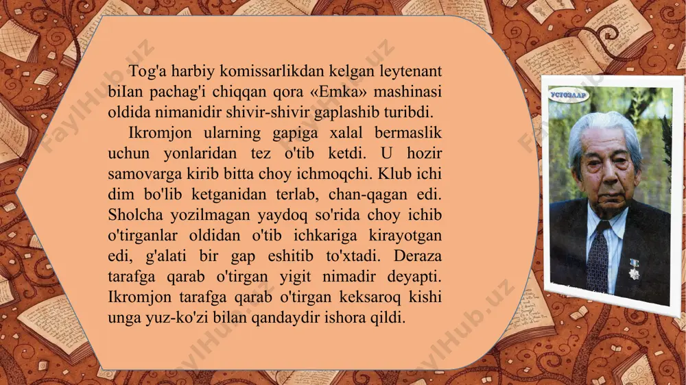 asidan yukni oldi. kampir qotib ketgan belini silab, yerga o'tirib qoldi. tursunboy bu manzarani ko'rib turardi. shu topda uning ko'ziga bu notanish bola nihoyatda bad-bashara, nihoyatda yovuz bo'lib ko'rindi. go'yo onasining mehrini shu bola undan tortib olib qo'yayotgandek, uni onasidan begona qilayotgandek tuyuldi. notanish bola ildiz boylamini yelkasida azod ko'tarib chodir tarafga qarab pildirab ketdi. shudgorda jannat xola bilan zebixon qoldi. tursunboy bir intilish bilan qamish orasidan chiqdi-yu, yuragi dov bermay orqasiga tisarildi. uning ko'ksida zebiga nisbatan qandaydir alamli o'ch yonardi. zebixon jannat xolani suyab marzaga olib chiqdi. kapa oldidagi qamish g'aramiga o'tqazdi. qumg'ondan choy quyib tutdi. kampir quruqshab qolgan lablarini piyolaga tutdiyu, negadir ichmay to'qay tomonga qaradi. tursunboy titrab ketdi. qo'llari mushtga aylandi. tishlari g'ichirladi. tol shoxiga ilingan temirni kimdir tosh bilan urdi. uning zalvarli ovozi cho'l bo'ylab yangrab ketdi. oshpaz odamlarni tushlikka chaqirayotgan edi. zebi bilan notanish yigit o'sha yoqqa qarab keta bosh-lashdi. yo'lda zebi yigitning bilagiga osilib …