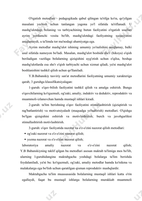 , ya'ni bu: ko'rgazmali, og'zaki, amaliy metodlar hamda ko'nikma va malakalarga ega bo'lish uchun qaratilgan qisman reproduktiv mashqlardir. maktabgacha ta'lim muassasasida bolalarning mustaqil ishlari katta o'rin egallaydi, faqat bu mustaqil ishlarga bolalarning murakkab muammoli masalalarni yechish kirmaydi, chunki bunday murakkab masalalar uzoq vaqtni talab qiladi. qolgan metodlar maktabgacha yoshdagi bolalar uchun murakkablik qiladi, chunki ularning deyarli barchasi muammoli masalalarni yechish bilan bog'liqdir. maktabgacha ta'lim muassasasi uchun o'ziga xos bo'lgan asosiy guruhni o'yin usullari tashkil etadi va bu o'yinlardan turli metodlar ichida foydalanish mumkin. ko'rgazmali metod va o'rgatish usullari. kuzatish metodi tasviriy faoliyatga o'rgatish tizimining umumiy asosini tashkil qiladi. chunki u atrof-muhitni o'rganishda, bilish hamda uni aks ettirishda muhim omil sifatida xizmat qiladi. bolalarda qanchalik kuzatish, atrof-olam ko'rinishi bilan aloqa o'rnatish, umumiylik va yakkalikni ajratish malakasi rivojlangan bo'lsa, shunchalik bolalar ijodiy qobiliyatininng rivojlanishi bog'liq bo'ladi. lekin kuzatishning o'zi ko'rganni tasvirlab berishga to'la imkon bermaydi. bolalarni tasviriylikning muhim usullariga, turli tasviriy materiallardan …
