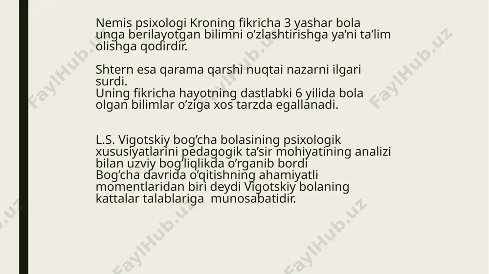 berilgan e’tibor va bu sohadagi yuksalishlar ota onalar tomonidan e’tirof etilib farzand talim-tarbiyasiga nisbatan ularni bu boradagi mas’uliyatini kuchaytirmoqda . olimlar tomonidan olib borilgan tadqiqotlar shuni ko’rsatadiki ,bola yosh rivojlanish bosqichlarida uning jismoniy , ma’naviy imkoniyatlarini hisobga olmasdan turib, uni intensiv mashg’ulotlar bilan maktab ta’limiga tayyorlovga o’rgatish mumkin emas . bolalarning yoshga bog’liq psixofiziologiyasi ushbu yoshdagi bolarning intellektual rivojlanishi uchun maqbul sharoitlar yaratish , maktabgacha talimga oid ish shakllari didaktik o’yinlardan ko’rgazmali –predmetli mashg’ulotlardan bolalarning amaliy va tasviriy holda tarbiyaviy ishlar usullari qo’llagan holda amalga oshirilish zarur bunday shakllar va usullar yosh bolaning fikrlash va faoliyatning o’ziga xos xususiyatlariga mos keladi, uning bilim faoliyatini rag’batlantiradi va intellektual rivojlanishiga hissa qo’shadi . bolaning maktabda muvaffaqiyatli o‘qishi ko‘p jihatdan ularning maktabga tayyorgarlik darajalariga bog‘liq. bola avvalo maktabga jismoniy jihatdan tayyor bo‘lishi kerak. 6 yoshli bolalarning anatomik-fiziologik rivojlanishi o‘ziga xos tarzda kechadi. bu yoshda bola organizmi jadal rivojlanadi. uning og‘irligi oyiga 150 dan …