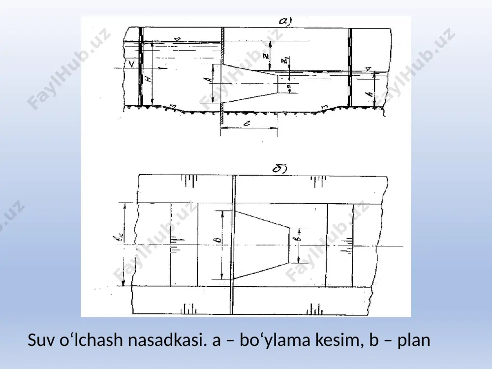 ishi, quyi b’efdagi suv sathi, nasadka chiqish teshigining tepa qismi belgi (otmetka) sidan kamida 5 sm yuqori, ya’ni (z1 ≥ 5 sm) bo‘lishi kerak, demak nasadkaning chiqish teshigi ish jarayonida albatta suv ostiga ko‘milgan (bosimli) bo‘lishi kerak. agarda ushbu shart bajarilmasa, unda kanalning tubi yana o‘yilib, nasadka chukurroqqa o‘rnatiladi. 4. suv o‘lchash nasadkalarning ishlash jarayonida, uning tagi va yon tomonlaridan suv sizib chiqmasligi kerak. yuqori b’efdagi suzib yuruvchi xas – cho‘p va xokazolardan, o‘tirib qolgan loyqalardan tozalab turish kerak. 5.suv sarfining o‘zgarishi suv sarfining eng kup qmax va eng kam qmin ga nisbati 4 dan katta bo‘lmasligi kerak, ya’ni 6. 7.shunda o‘lchash xatoligi ± 4 % dan oshmasligi mumkin, ya’ni σ ≤ ± 4 %. 8.suv satxlari ayirmasining eng kam miqdori zmin 2 sm dan katta bo‘lishi kerak. 9. suv oqimining tezligi (nasadkaga yaqinlashish tezligi) 0,5 m/sek dan oshmasligi kerak. 11 саниири нинг сув ўлчаш нови saniiri ning suv o‘lchash …