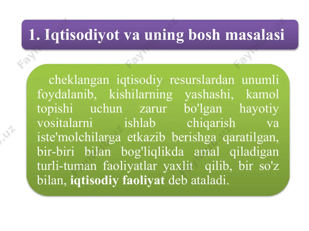 adi 6 inson tomonidan yaratilgan tovarlar va xizmatlarning, resurslarning harakati bo'yicha takror ishlab chiqarish quyidagi fazalar birligidan iboratdir: ishlab chiqarish jarayoni; taqsimlash jarayoni; ayirboshlash jarayoni; iste'mol qilish jarayoni. ishlab chiqarish – kishilik jamiyatining mavjud bo'lishi va rivojlanishi uchun zarur bo'lgan hayotiy ne'matlarni yaratish jarayoni. barcha tovar va xizmatlar ishlab chiqarish jarayonida yaratilishi sababli, u takror ishlab chiqarishning eng asosiy va boshlang'ich fazasi hisoblanadi. agar ishlab chiqarilmasa, taqsimlanadigan, ayirboshlanadigan va nihoyat, iste'mol qilinadigan narsalar bo'lmaydi. taqsimot – ishlab chiqarish omillari va uning natijalarini iqtisodiyotning turli qism va sub'ektlari o'rtasida taqsimlash jarayoni. bu bosqichda, eng avvalo, ishlab chiqarish vositalari, kapital, ishchi kuchi va boshqa resurslar turli tarmoqlar, sohalar, hududlar va nihoyat, korxonalar o'rtasida taqsimlanadi. bundan tashqari, ishlab chiqarish natijasi bo'lgan tovar va xizmatlar, ularning pul holidagi ko'rinishi bo'lgan daromadlar ham taqsimlanadi. ayirboshlash – jamiyat a'zolarining iqtisodiy faoliyat turlari yoki ishlab chiqarish natijalari bo'yicha ma'lum bir o'lcham (masalan, qiymat miqdori) asosida o'zaro almashish …