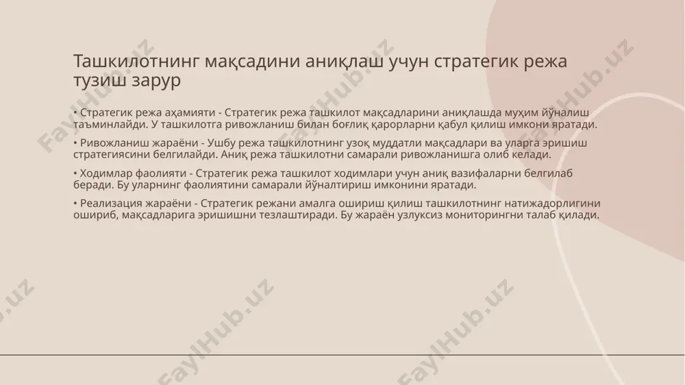 и. мақсадларни амалга ошириш учун самарали мониторинг тизими керак • мониторингнинг аҳамияти - мақсадларга эришишда мониторинг тизими жуда муҳим роль ўйнайди. у мақсадларга ерishиш учун зарурий маълумотларни тақдим этади. • маълумотларни тўплаш усуллари - мониторинг тўғри маълумотларни тўплаш усулларини талаб қилади. бу уларни аниқ ва самарали баҳолаш имконини беради. • тавсиялар ва стратегиялар - мониторинг натижалари асосида аниқ тавсиялар ва стратегиялар ишлаб чиқилади. бу унинг самарадорлигини оширади. • фойдали натижалар - самарали мониторинг тизими ташкилотlarga ўз мақсадларини тез ва аниқ амалга оширишда ёрдам беради. бу уларнинг илгарилашини таъминлайди. ташкилот мақсадларини амалга ошириш учун жамоа маънавиятини ошириш керак • жамоа алоқалари - жамоа ўртасида самарали алоқаларни ўрнатиш мафкуранинг мустаҳкамланишига хизмат қилади • сamarкалаш - ташкилотда умумий мақсадларга эришиш учун жамоа аъзоларининг муваффақиятларга эришишида қўллаб-қувватланиши жуда муҳим мақсадларни амалга оширишда барча иштирокчиларнинг фикрлари инобатга олиниши керак • иштирокчиларнинг аҳамияти - барча иштирокчиларнинг фикрлари мақсадларни амалга ошириш жараёнида муҳим ҳисобланади. уларнинг тажрибалари ва …