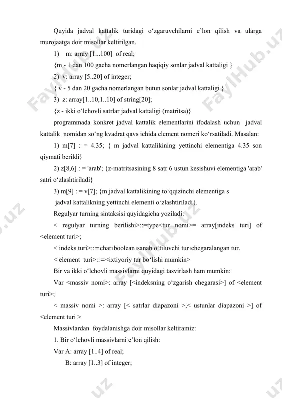 chovli massivlarni chiqarish: for i:(1 to 2 do for j: =1 to 3 do write(d[i,j]); yoki for i: =1 to 2 do begin writeln; {yangi satrga o‘tish} for j:(1 to 3 do write(d[i,j]) satr elementlarini chiqarish} end; {natija: } matritsalarga oid dasturlar tuzish. ishning maqsadi: talabalarda matritsalarni paskal tilidagi dasturlarda tavsiflash, e`lon qilish, matritsalar bilan ishlash va ular ustida amallar bajarish, matritsalar ishtrokida dasturlar tuzish makalarini hosil qilish. masalaning qo’yilishi.matritsalarga oid amallar bajarish va dasturlar tuzish qisqacha nazariy ma’lumotlar. ikki o’lchovli massivlar matritsani tashkil qiladi,ya`ni u=array[n1..n2] of r (r real, integer, char nomlaridan biri keladi) bir o’lchovli massiv bo’lib r o’z navbatida r=array[m1..m2] of s kabi aniqlangan bo’lsin. u holda a[i] r tipidagi o’zgaruvchi bo’ladi, a[i,j] esa s tipidagi o’zgaruvchi bo’ladi. ikki indeksli o’zgaruvchilardan jadval kattaliklar bilan ishlaganda foydalanish qulay. quyida keltirilgan dastur lavhasida bir ulchovli a va ikki ulchovli b massivlar elementlarini kiritish va chiqarish amalga oshirilgan. begin *a …