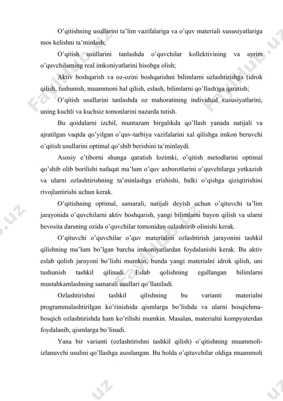 ’quv materialini mantiqiy tuzilishiga ko’ra bayon qilish va qabul qilish. usullar: a) induktiv b) deduktiv o’quvchilar tafakkurining bilimlarini egallashdagi mustaqil fikrlar darajasiga ko’ra. usullar: a) reproduktiv b) muammoli-izlanish o’quv ishini boshqarish darajasiga ko’ra. usullar: a) o’qituvchi rahbarligidagi o’quv ishi b) o’quvchilarning mustaqil ishlari (kitob ustida ishlash, yozma ishlar, laboratoriya ishlari, mehnat topshiriqlarini bajarish) o’qishga qiziqishni taqdirlash. usullar: a) bilishga doir o’yinlar b) o’quv munozaralari v) emonatsional-ma’naviy holatlar yaratish burch va ma’suliyatni taqdirlash. usullar: a) o’qishning ahamiyatiga ishonch hosil qildirish b) talablar qo’yish v) talablarni bajarishdagi mashqlar g) rag‘batlantirish va tanbeh. dars vaqtida o’quvchilarga nafaqat bilim berish, balki ularni tarbiyalash ham lozim. tarbiyaviy usullar ham guruxlarga bo’lingan: shaxc ongini shakllantiruvchi usullar (suhbat, lektsiya, munozara, namuna ko’rsatish). faoliyatni tashkil qilish va ijtimoiy xulq tajribasini shakllantiruvchi usullar (pedagogik talablar, jamoat fikri, odatlantirish, mashq, tarbiyalovchi mashqlar yaratish). xulq va faoliyatni taqdirlovchi usullar (musobaqa, rag‘batlantirish, jazolash). og‘zaki bayon etish. kimyoni o’rganishda o’quvchilarning ozlari qiladigan ishlari …