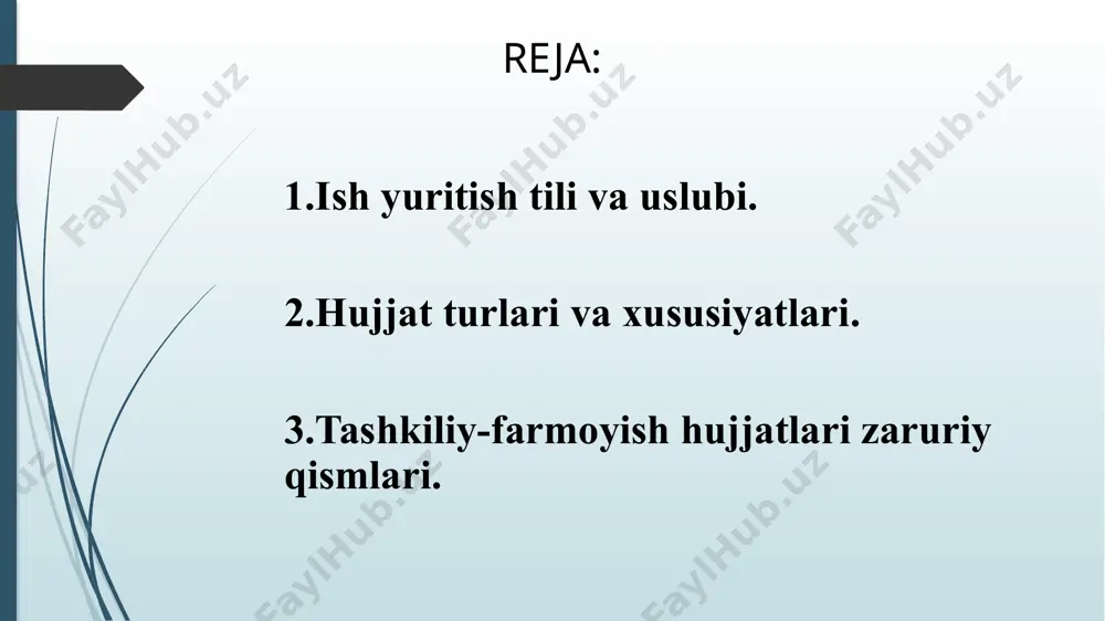 rish, hujjatchilikdagi so‘z va iboralarning o‘zbekcha muqobilini izlab topish va amaliyotga kiritish bugungi kunning talabidir. xolislik hujjatlar matniga qo‘yiladigan eng muhim talablardan biri – xolislikdir. hujjatlar rasmiy munosabatlarni ifodalovchi va qayd etuvchi rasmiy yozma vositalar sifatida axborotni xolis aks ettirmog‘i lozim. shuning uchun hujjatlar tilida so‘z va so‘z shakllarini qo‘llashda muayyan chegaralanishlar mavjud. xususan, rasmiy ish uslubida quyidagilar ishlatilmaydi: kichraytirish-erkalash qo‘shimchalarini olgan so‘zlar, ko‘tarinki-tantanavor yoki bachkana, dag‘al so‘zlar, shevaga oid so‘zlar, tor doiradagi kishilargina tushunadigan so‘zlar, o‘xshatish, jonlantirish, mubolag‘a, istiora, tashxis ularning ishlatilishi hujjatlar matnidagi ifodaning noxolisligiga olib keladi. hujjat matniga qo‘yiladigan talablar aniqlik lo‘ndalik mazmuniy to‘liqlik ixchamlik hujjatlar matnining xolislik, aniqlik, ixchamlik, lo‘ndalik, mazmuniy to‘liqlikdan iborat zaruriy sifatlari hujjatchilik tilining o‘ziga xos uslubi, undagi o‘ziga xos so‘z qo‘llash, morfologik va sintaktik xususiyatlar orqali ta’minlanadi. hujjatlar tilida ot turkumiga oid so‘zlar ko‘p qo‘llanadi. hatto fe’l bilan ifodalanuvchi harakat va holatlar ifodasi uchun ham otga yaqin so‘z shakllari tanlanadi, ya’ni «harakat …