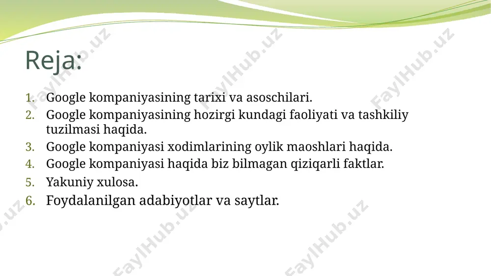vaqtini boshqaruvchisiz avtomobil yaratishga qaratadi. ushbu loyiha bilan shug`ullanuvchi mutaxassislar yiliga 135 785 aqsh dollarida maosh olishadi. muhandis-tadqiqotchi – kompaniyada eng katta maosh oluvchi uchta lavozimdan biridir. o`rtada maosh yiliga 140 039 aqsh dollari. mahsulot-menejeri - ular har bir loyihada katta ahamiyatga egalar. ularning maoshi o`rtacha 138 951 aqsh dollariga teng. yangi loyihalarni tadqiqotdan o`tkazuvchi mutaxassislar – o`rtacha maosh 126 916 aqsh dollari. saytlar xavfsizligini kuzatuvchi mutaxassis – agarda qidiruv sahifasi qisqa muddatga o`chib qolsa, kompaniya bir necha yuz ming dollari zarar ko`radi. shu tufayli kompaniya ushbu mutaxassislarga 124 194 aqsh dollari miqdorida maosh to`laydi. sotuv bo`limi muhandislari – o`rtacha yillik maosh 119 603 aqsh dollari. dasturchilar – kompaniyaning asosiy ishini bajaruvchi mutaxassislar. o`rtacha maosh 118 994 aqsh dollari. mahsulot marketingi bo`yicha menejer – o`rtacha maosh 118 217 aqsh dollari. ux-tadqiqotchilar - ular foydalanuvchilarning kompaniya mahsulotiga nisbatan bo`lgan fikri, qanday foydalanishlari, kanday munosabatda bo`lishini o`rganishadi. ularning o`rtacha yillik maoshi 112 …