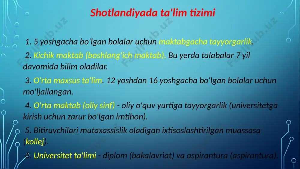 ihonida - 5,5 ball (ayrim fakultetlar uchun - 6 ball, tibbiyot va huquq kabi fanlar uchun - 7 ball); toefl testida - 550 ball (ba'zi hollarda - 600 ball). oliy va oliy o'quv yurtidan keyingi ta'lim bakalavr darajasini olish uchun siz 4 yil davomida universitetda o'qishni tugatishingiz kerak. ularning dastlabki 2 tasida asosiy fanlar, 3 va 4-da esa asosiy fanlar o‘rganiladi. natijada, talabalar faxriy diplom bilan bakalavr darajasiga ega bo'lishadi. shu bilan birga, shotlandiya universitetlari o‘quv rejalarining moslashuvchanligi tufayli talabalar bir qarashda bir-biriga mos kelmaydigan istalgan fanlarni tanlash imkoniyatiga ega. chiqish qiziqarli sintez va birlashtirilgan fanlar - qo'shma daraja. masalan - marketing va falsafa bakalavri. "o'qitish - ish - o'qitish" ("sendvich kurslari" deb ataladigan) tizimi bo'yicha o'qish va akademik tadqiqotlar bilan parallel ravishda profil mutaxassisligi bo'yicha o'qish mumkin. professional va akademik ta'lim shotlandiya ta'lim tizimini boshqa printsipga ko'ra tasniflash mumkin: kasbiy ta'lim, akademik ta'lim. dasturlarni u yoki bu turga, maxsus …