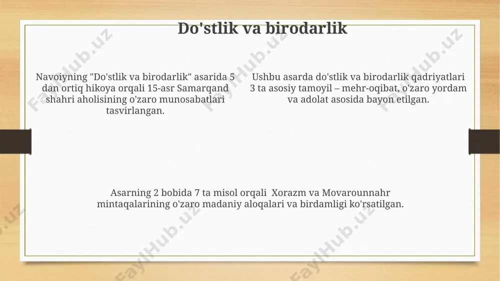 ikka oid 20 dan ortiq hikoya va misol keltirilgan, bu esa uning bu fazilatlarga qanchalik ahamiyat berganini ko'rsatadi. 15-asr samarqand shahrida yashagan navoiy, o'z asarlarida mehnatsevarlikni boylik va shuhratdan ustun qo'yib, kamtarlikni esa haqiqiy ulug'lik belgisi deb ta'kidlaydi. vatanparvarlik va millatchilik xv asrda hirotda yashagan navoiy o'z asarlarida vatanparvarlikni 3 ta asosiy qirrali - ijtimoiy, siyosiy va ma'naviy jihatdan yoritib bergan. navoiyning "muhokamat ul-lug'atayn" asari 2 ta tilni – fors va turkiy tillarning teng huquqliligini himoya qilib, millatlararo birlik g'oyasini targ'ib qiladi. navoiyning "xamsa"si va boshqa asarlarida vatan, xalq, ona tili muhabbati 50 dan ortiq misollarda tasvirlangan, bu esa uning millatchilik g'oyalariga bo'lgan chuqur e'tiqodini ko'rsatadi. e'tiboringiz uchun rahmat @taqdimot_robot image3.png image4.png
