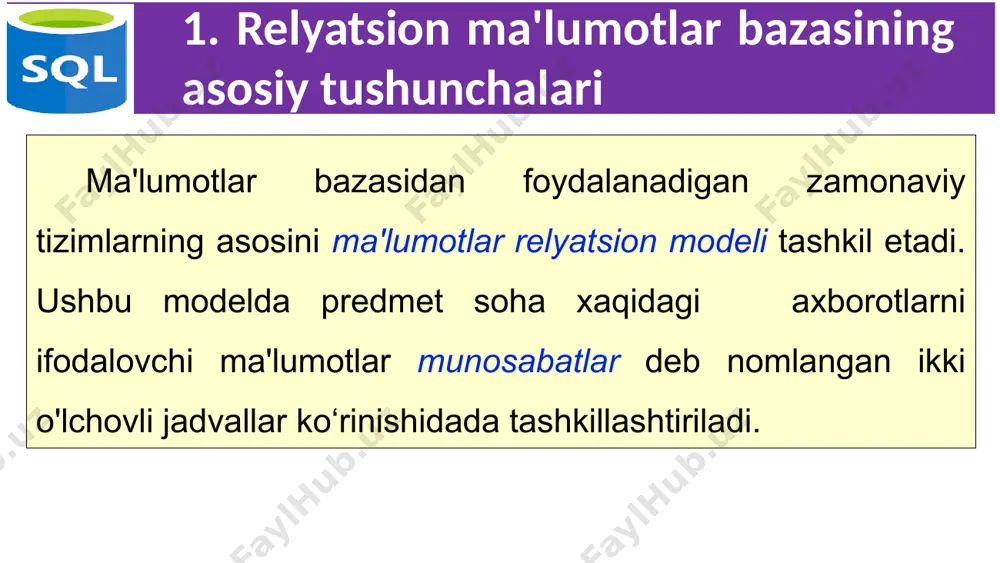 yo'li atribut nomidan foydalanishdir. 9 1. relyatsion ma'lumotlar bazasining asosiy tushunchalari relyatsion ma'lumotlar bazalaridagi ma'lumotlar, odatda, bitta munosabat-jadvallarida emas, balki bir nechta munosabat-jadvallarda saqlanadi. o'zaro bog'langan bir nechta jadvallar yaratilganda, ma'lumotlar bilan murakkabroq operatsiyalarni bajarish, ya'ni murakkab ishlov berish mumkin bo'ladi. bir nechta jadvaldagi tegishli ma'lumotlar bilan ishlash uchun tashqi kalitlar deb nomlanuvchi tushunchasi muhim hisoblanadi. 10 1. relyatsion ma'lumotlar bazasining asosiy tushunchalari jadvalning tashqi kaliti - bu jadvalning atributi (atributlar / atributlar to'plami), uning har bir qiymati jadvalning hozirgi holatida har doim boshqa jadvaldagi kalit atributlari qiymatiga mos keladi. tashqi kalitlar turli jadvallardagi atribut qiymatlarini bog'lash uchun ishlatiladi. tashqi kalitlar yordamida ma'lumotlar bazasining murojaat yaxlitligi deb ataladidigan, ya'ni aynan bir xil ob'ektlarni tavsiflovchi, lekin turli xil jadvallarda saqlanadigan ma'lumotlarning mosligi ta'minlanadi. 11 2. sql va protsedurali dasturlash tillari o'rtasidagi farqlar sql protsedurali bo'lmagan dasturlash tillari sinfiga kiradi. ma'lumotlar bazasi bilan ishlash uchun ham ishlatilishi mumkin bo'lgan universial protsedurali tillardan …